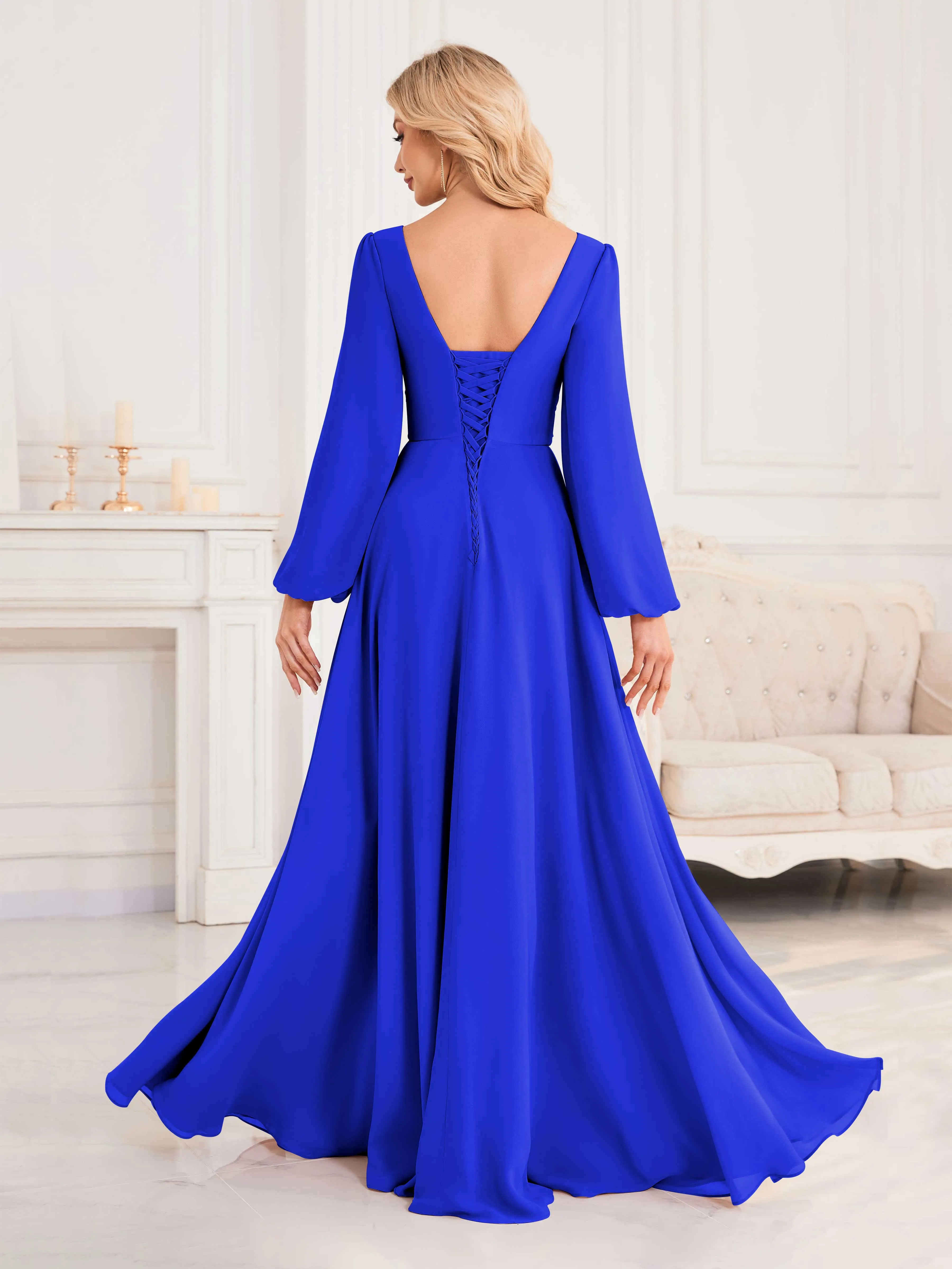 Julie A-Line V Neck Long Sleeves Slit Floor Length Chiffon Bridesmaid Dresses