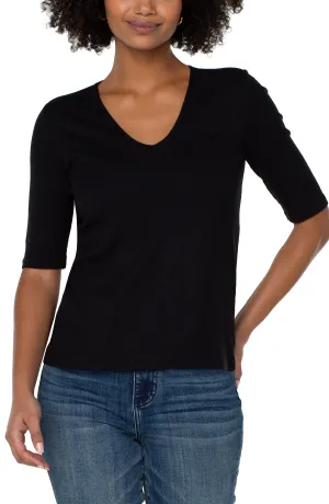 Liverpool Double Layer Neck 1/2 Sleeve Rib Knit Top (black)