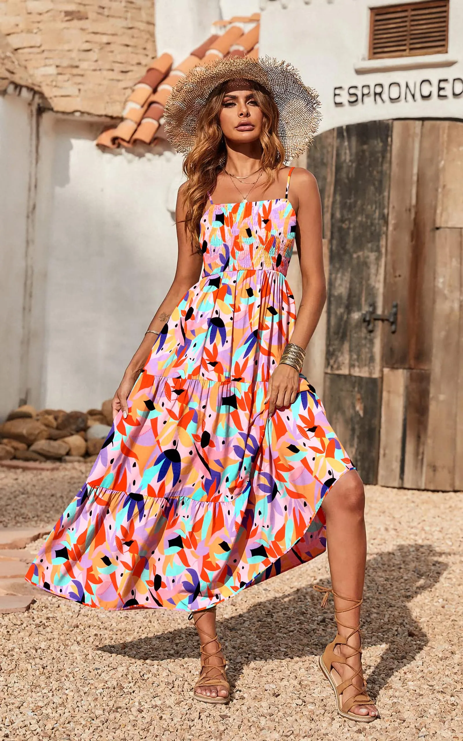 Maxi Dress for Women Spring Casual Spaghetti Strap Floral Sundress Flared Boho Flowy Wedding Guest Long Dresses