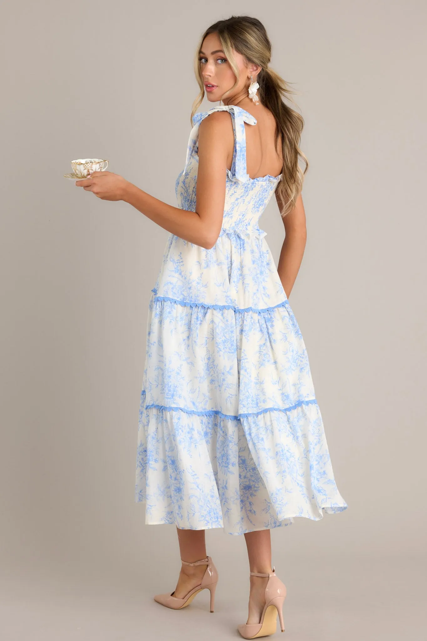 Meadow Serenade Blue Floral Toile Midi Dress