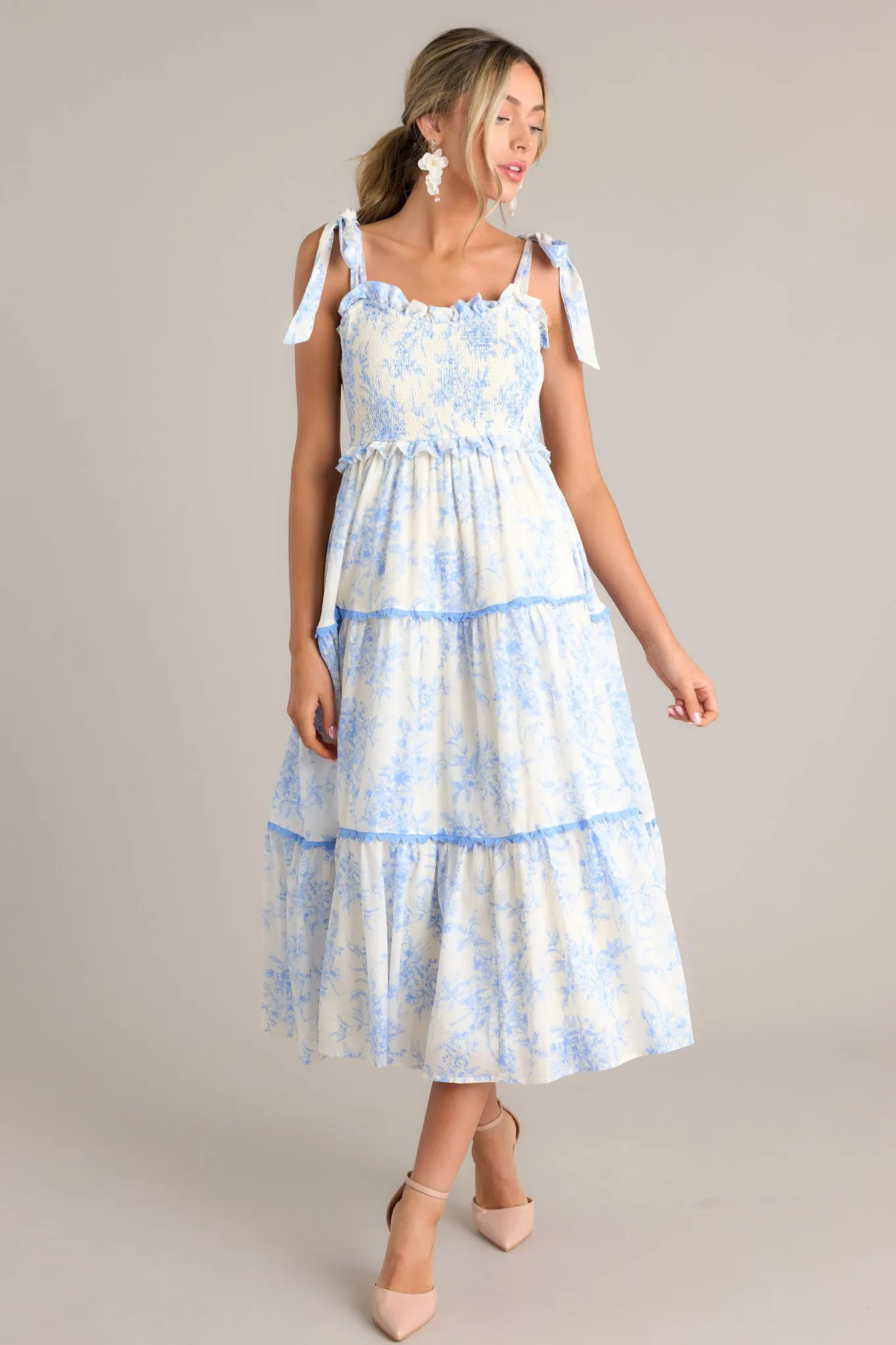 Meadow Serenade Blue Floral Toile Midi Dress