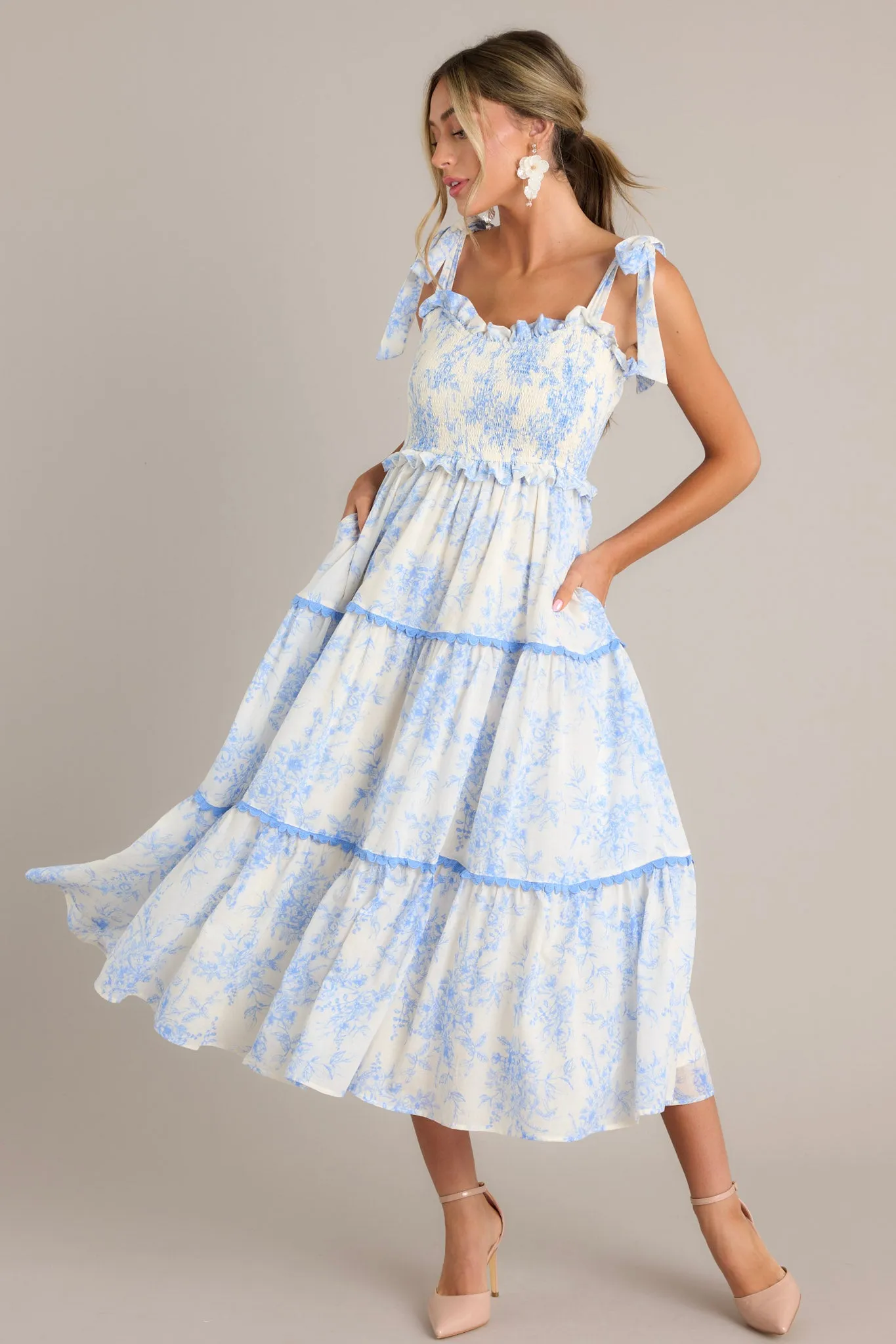 Meadow Serenade Blue Floral Toile Midi Dress