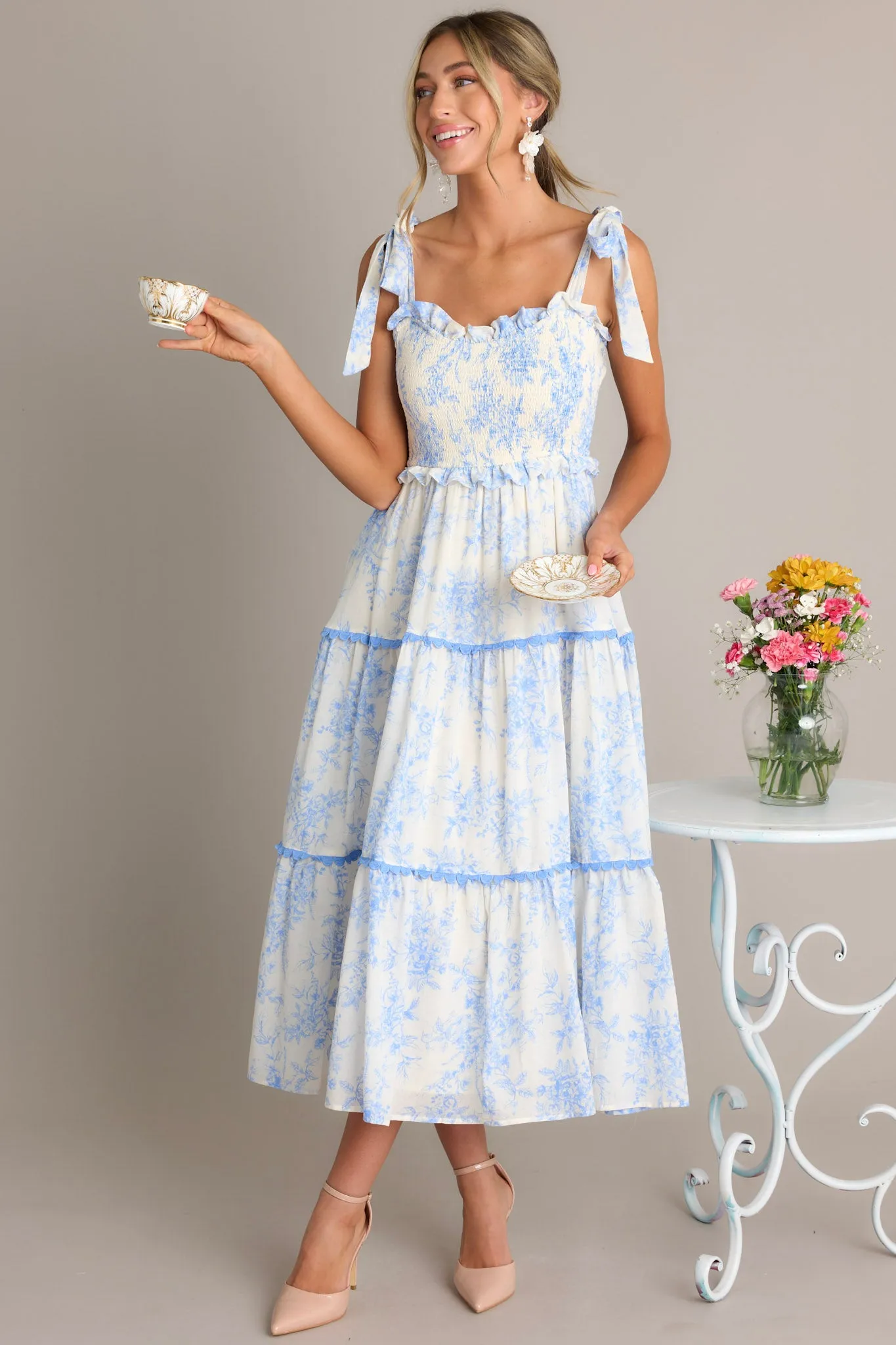 Meadow Serenade Blue Floral Toile Midi Dress