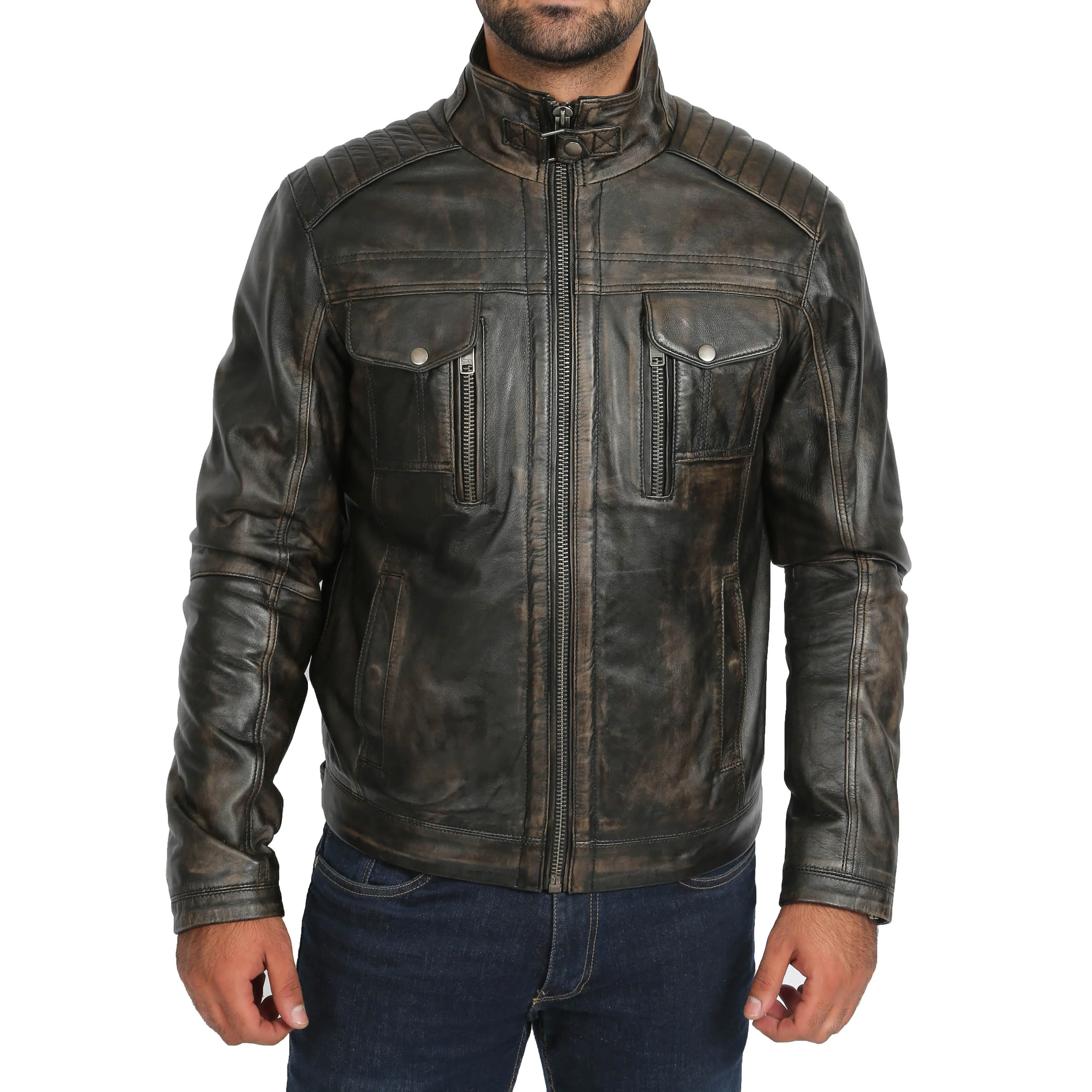 Mens Fitted Washed Biker Vintage Leather Aron Rub Off