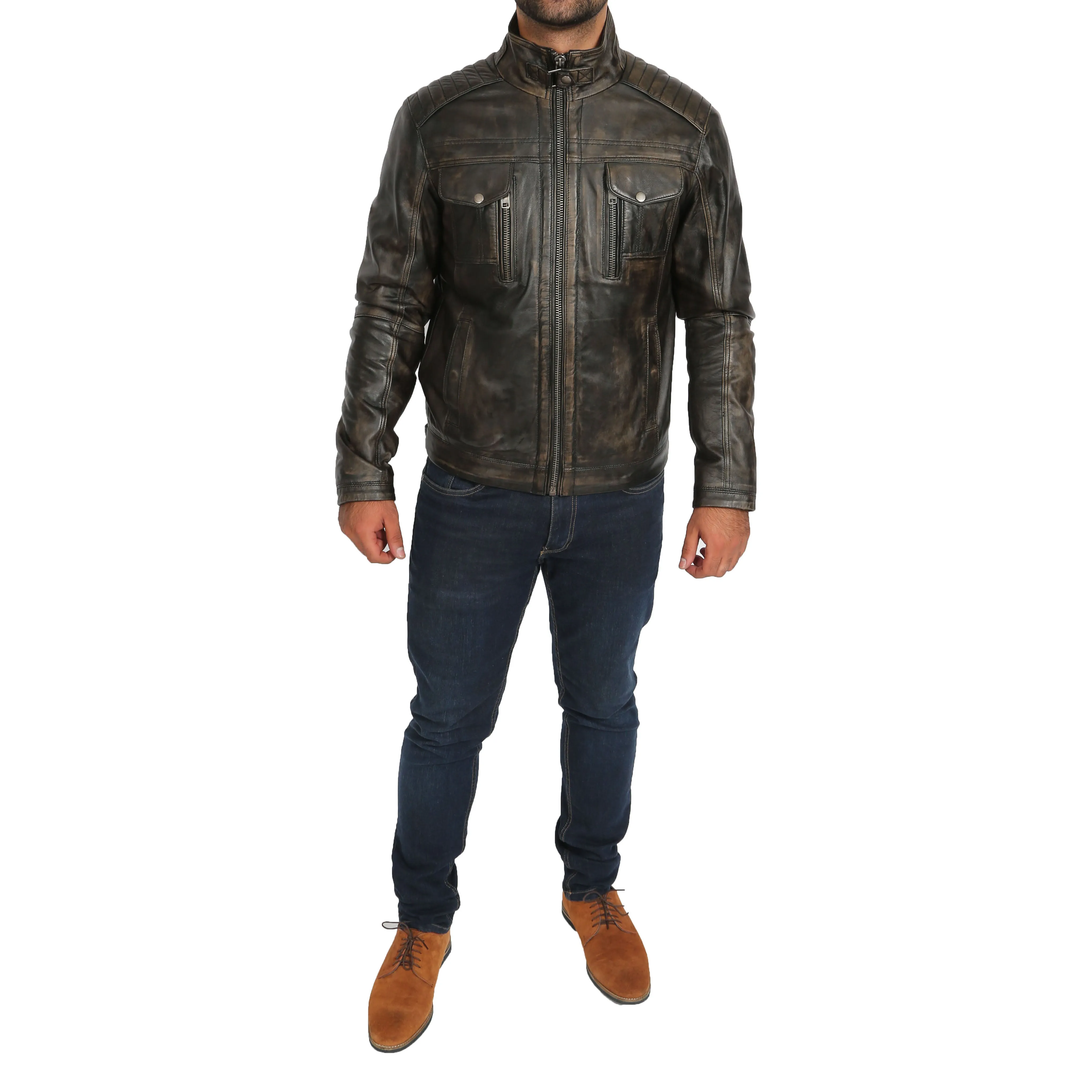 Mens Fitted Washed Biker Vintage Leather Aron Rub Off