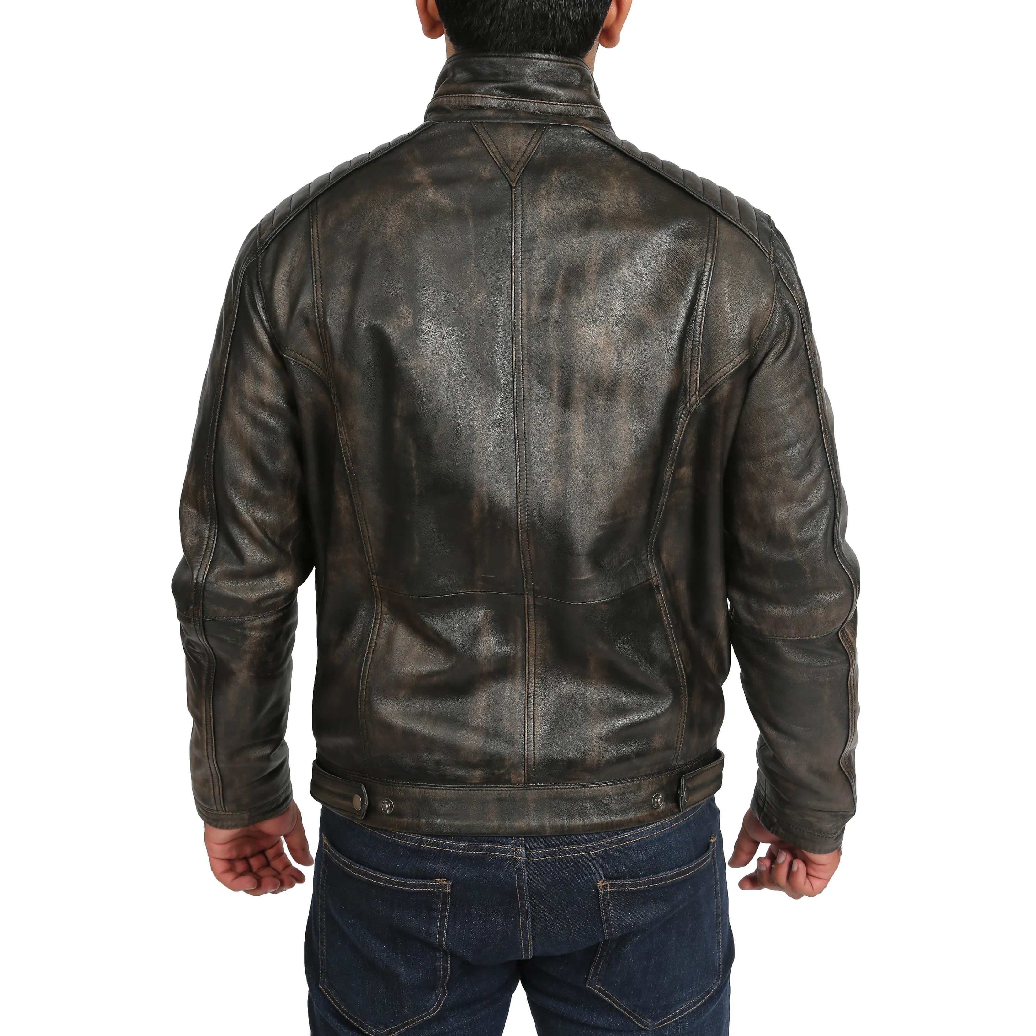 Mens Fitted Washed Biker Vintage Leather Aron Rub Off