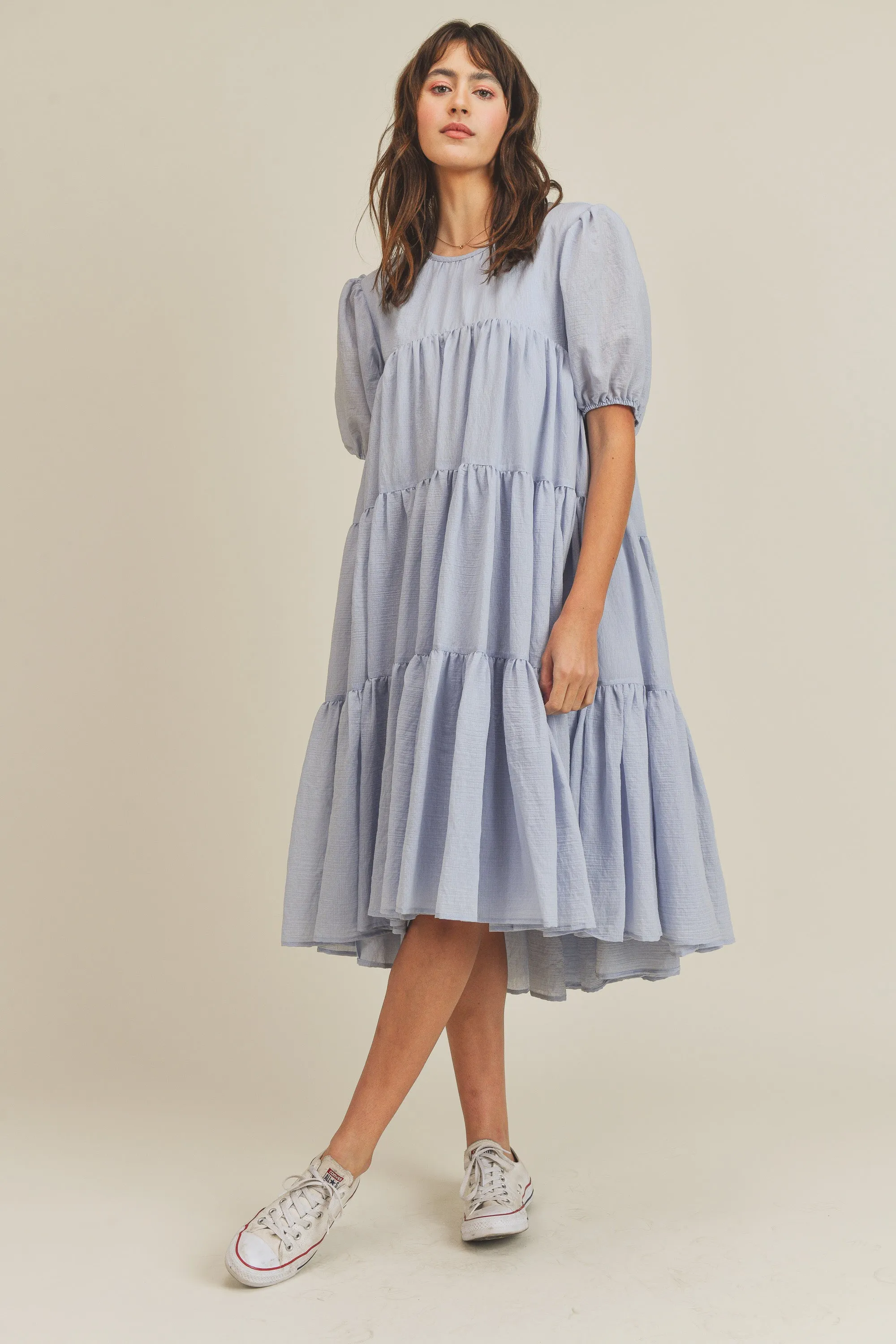 MICAH TIERED PUFF SLEEVE MIDI DRESS