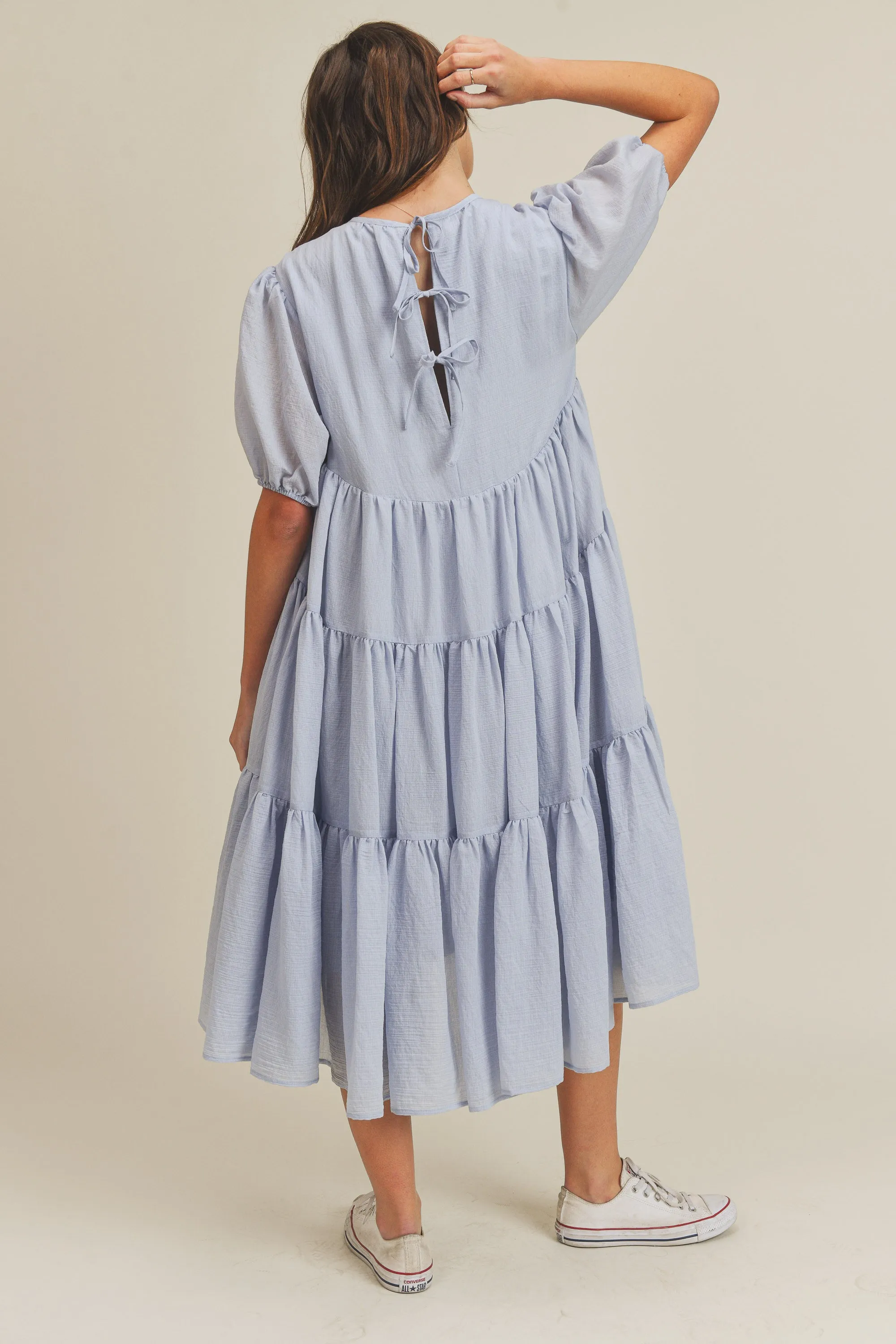 MICAH TIERED PUFF SLEEVE MIDI DRESS