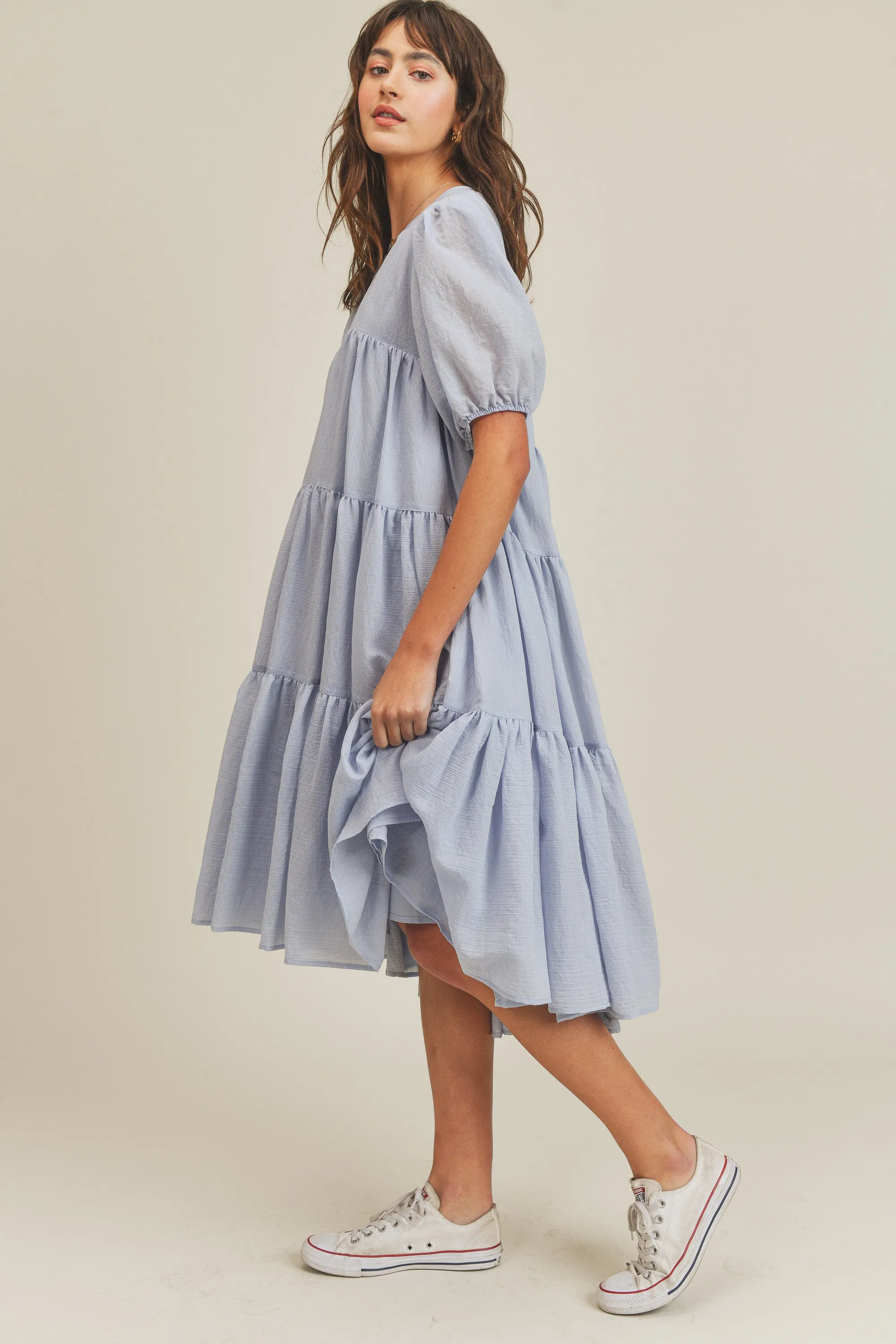 MICAH TIERED PUFF SLEEVE MIDI DRESS