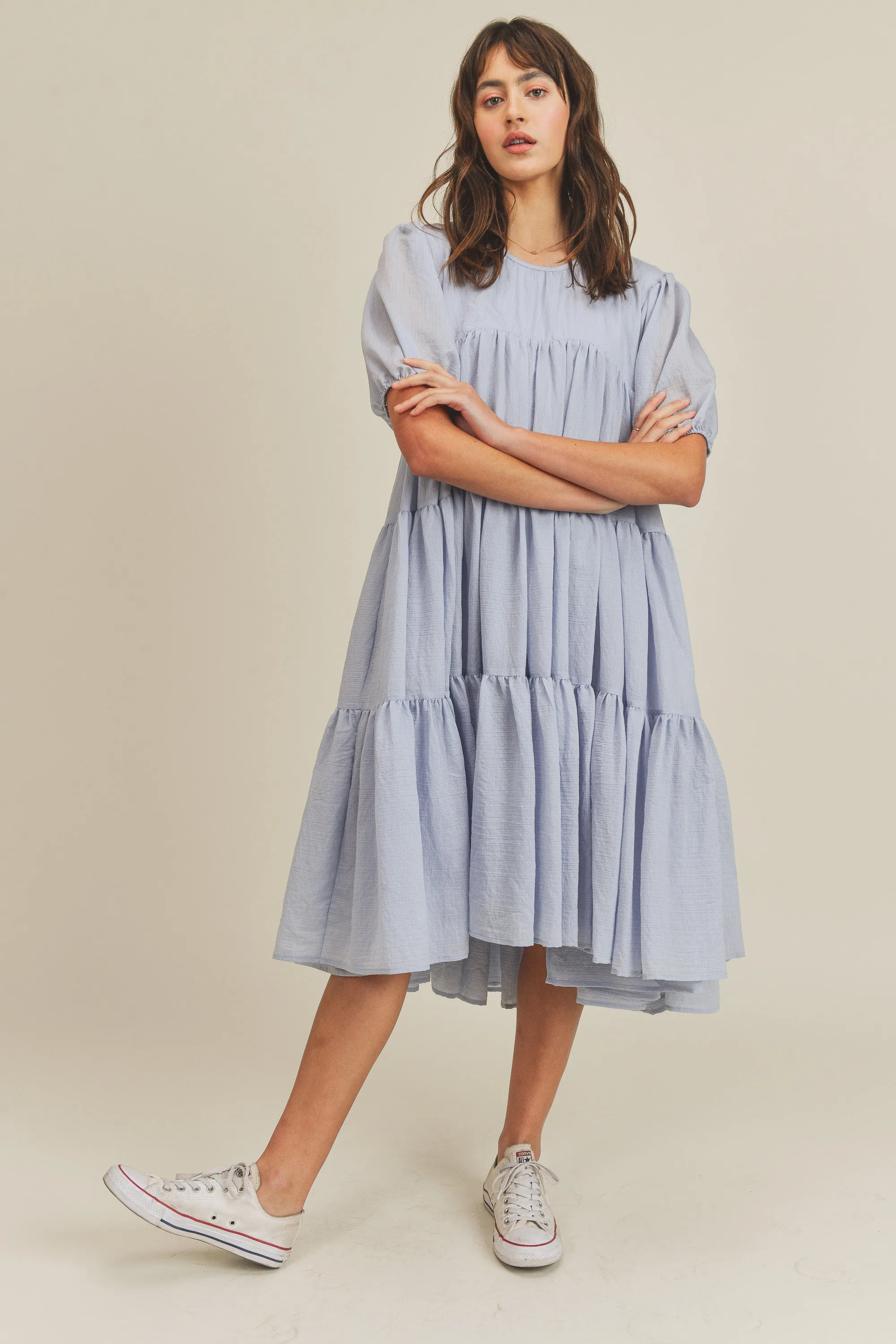 MICAH TIERED PUFF SLEEVE MIDI DRESS