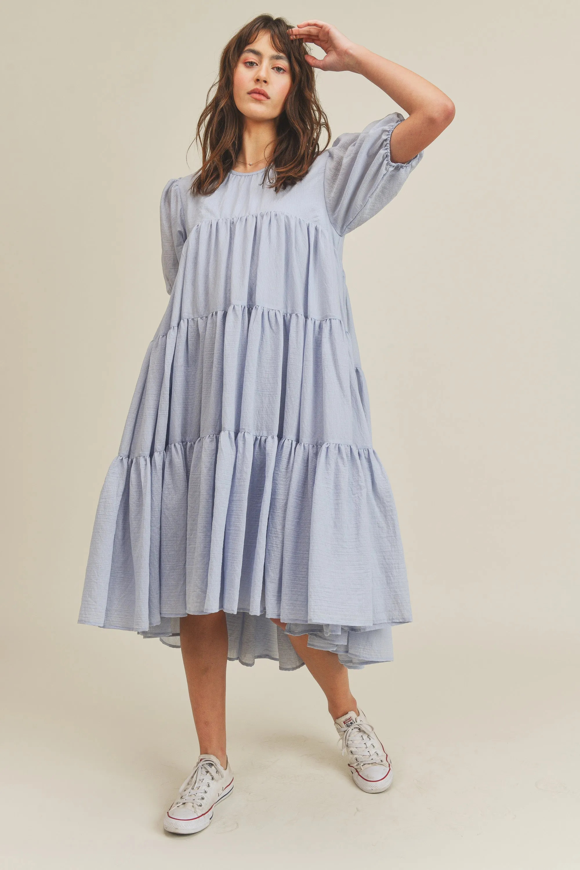 MICAH TIERED PUFF SLEEVE MIDI DRESS