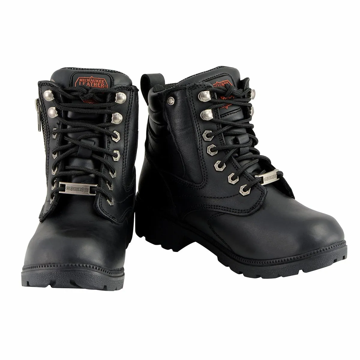 Milwaukee Leather MBL9321WP Women's Black Waterproof Lace-Up Motorcycle Biker Rider Boots w/ Side Zipper