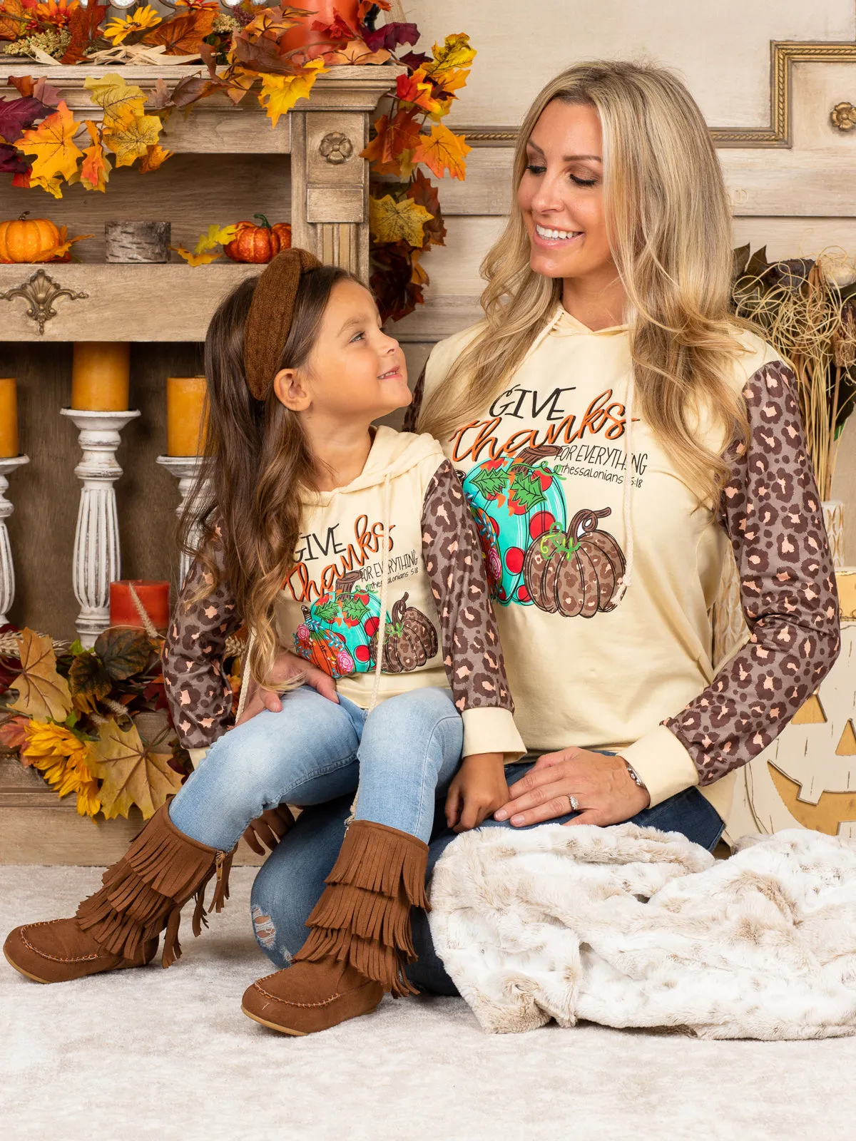 Mommy and Me Give Thanks Leopard Sleeve Hoodie