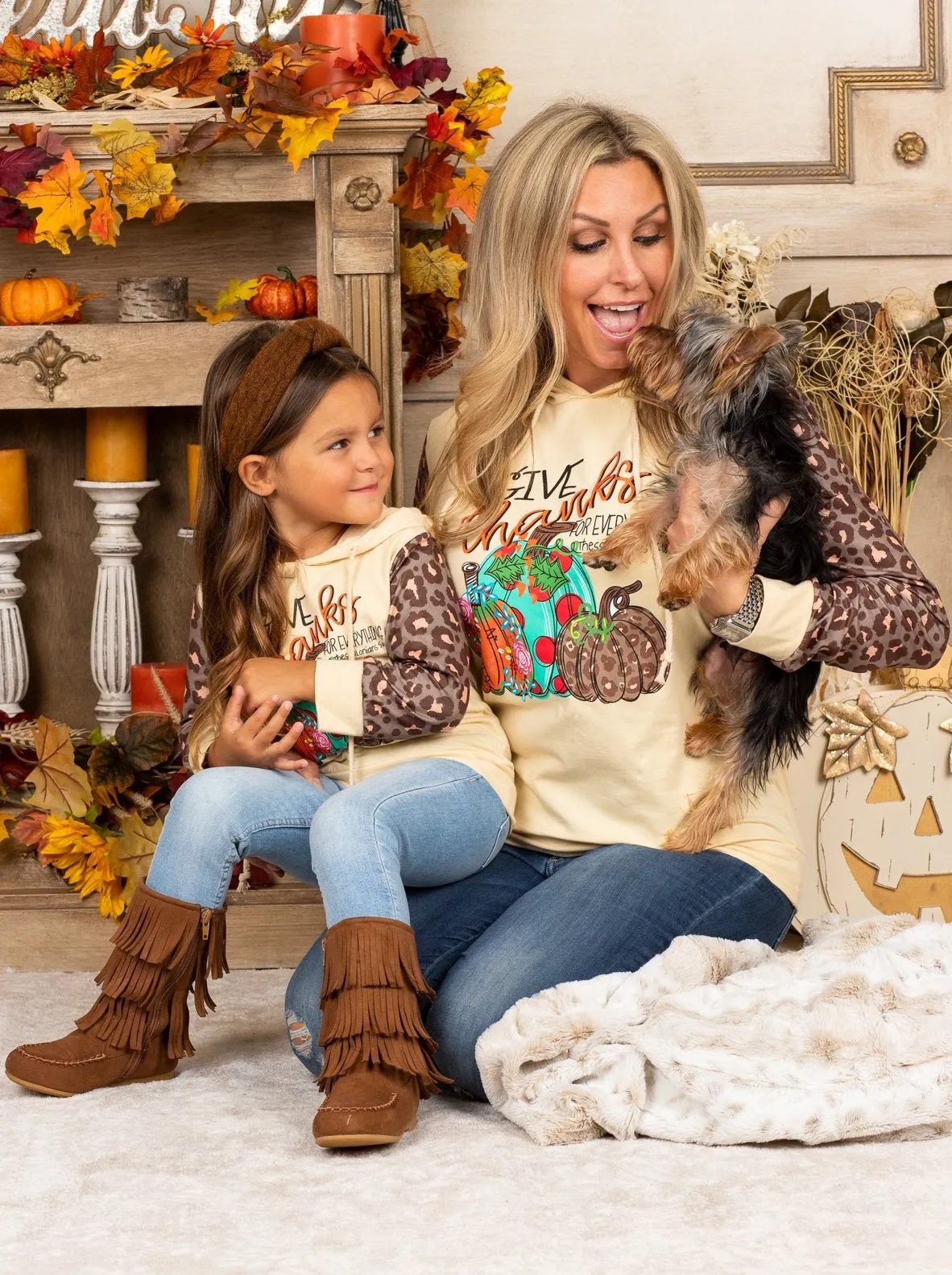 Mommy and Me Give Thanks Leopard Sleeve Hoodie