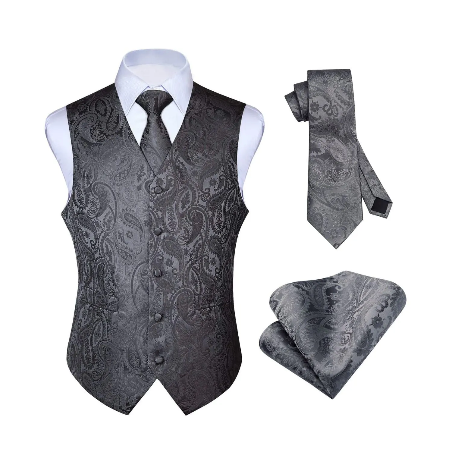 Paisley Floral 3pc Suit Vest Set - GREY