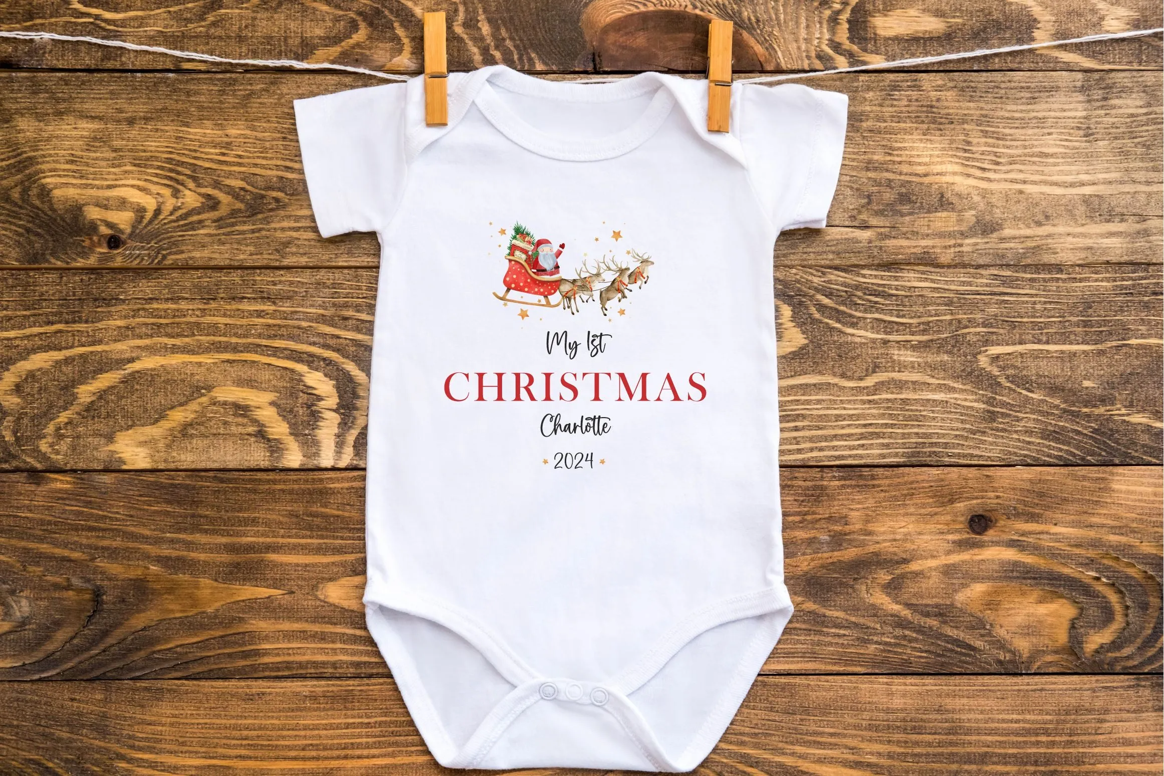 Personalised First Christmas Baby Outfit- My First Christmas Sleepsuit or Vest - 1st Xmas Santa Sleigh