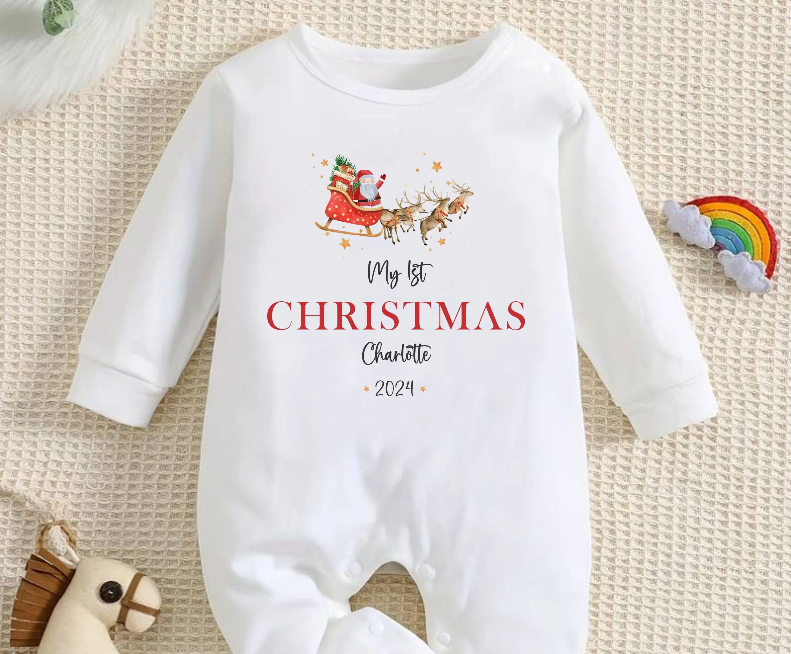 Personalised First Christmas Baby Outfit- My First Christmas Sleepsuit or Vest - 1st Xmas Santa Sleigh