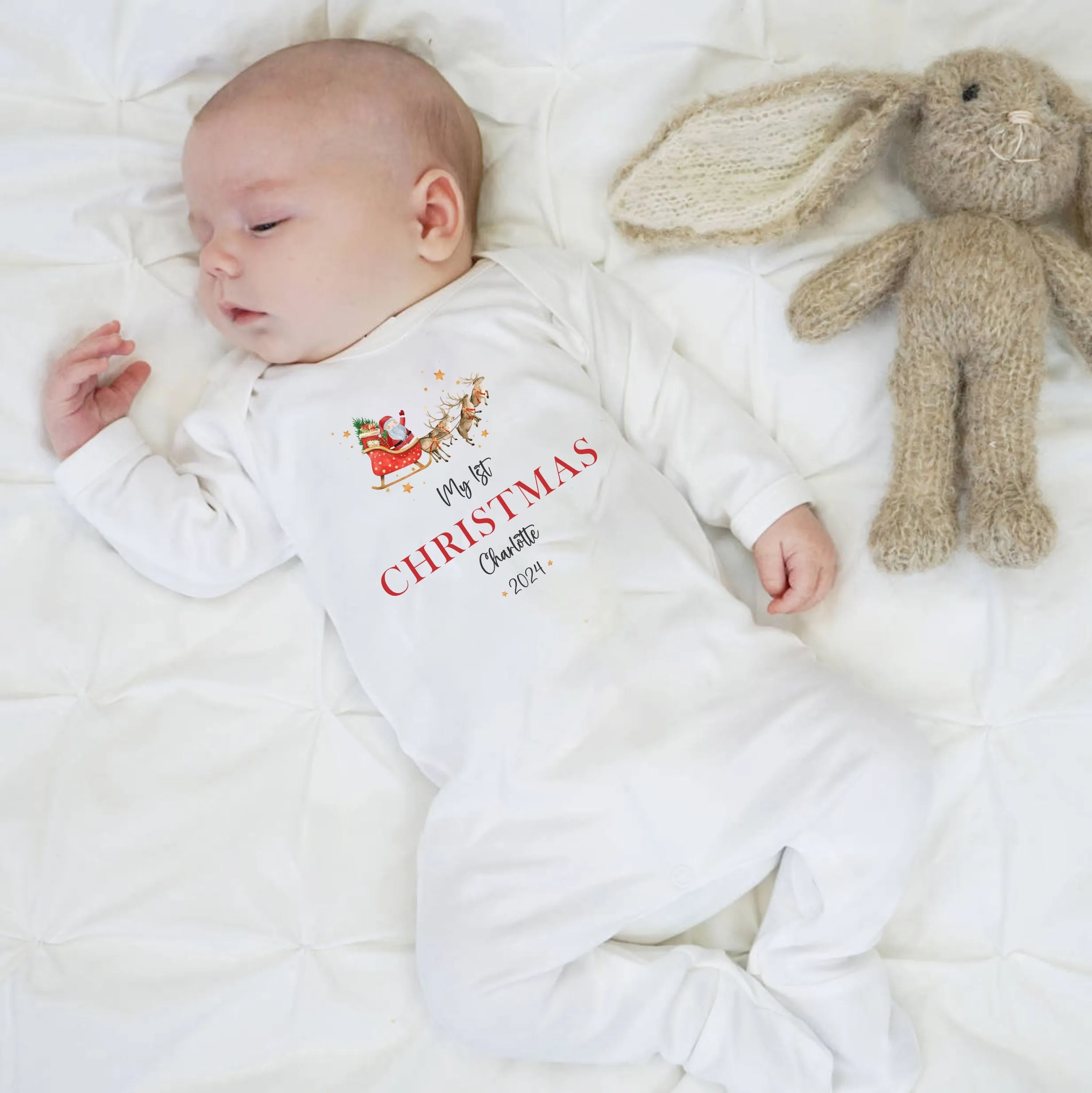 Personalised First Christmas Baby Outfit- My First Christmas Sleepsuit or Vest - 1st Xmas Santa Sleigh