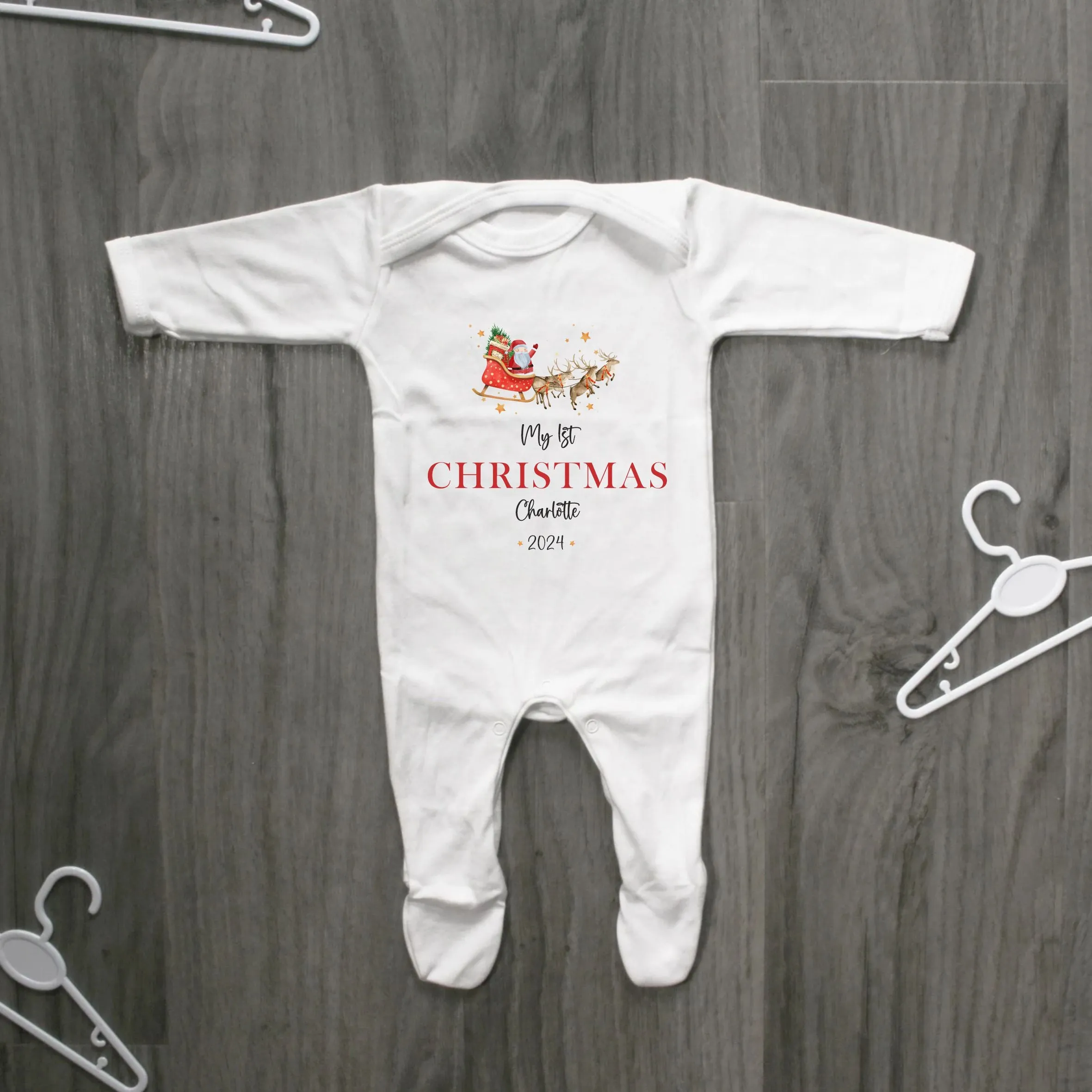 Personalised First Christmas Baby Outfit- My First Christmas Sleepsuit or Vest - 1st Xmas Santa Sleigh