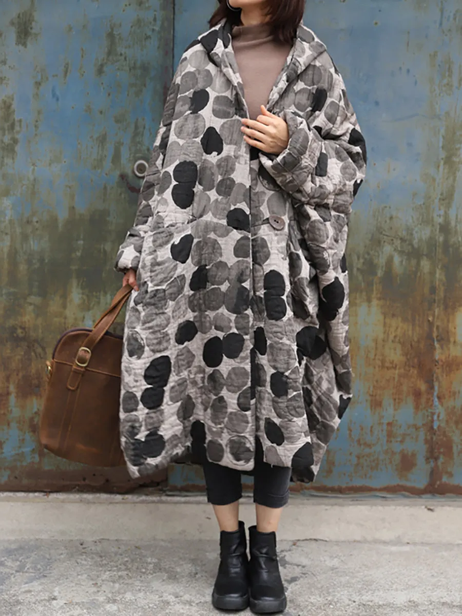 Plus Size Retro Ink Dot Loose Hooded Overcoat