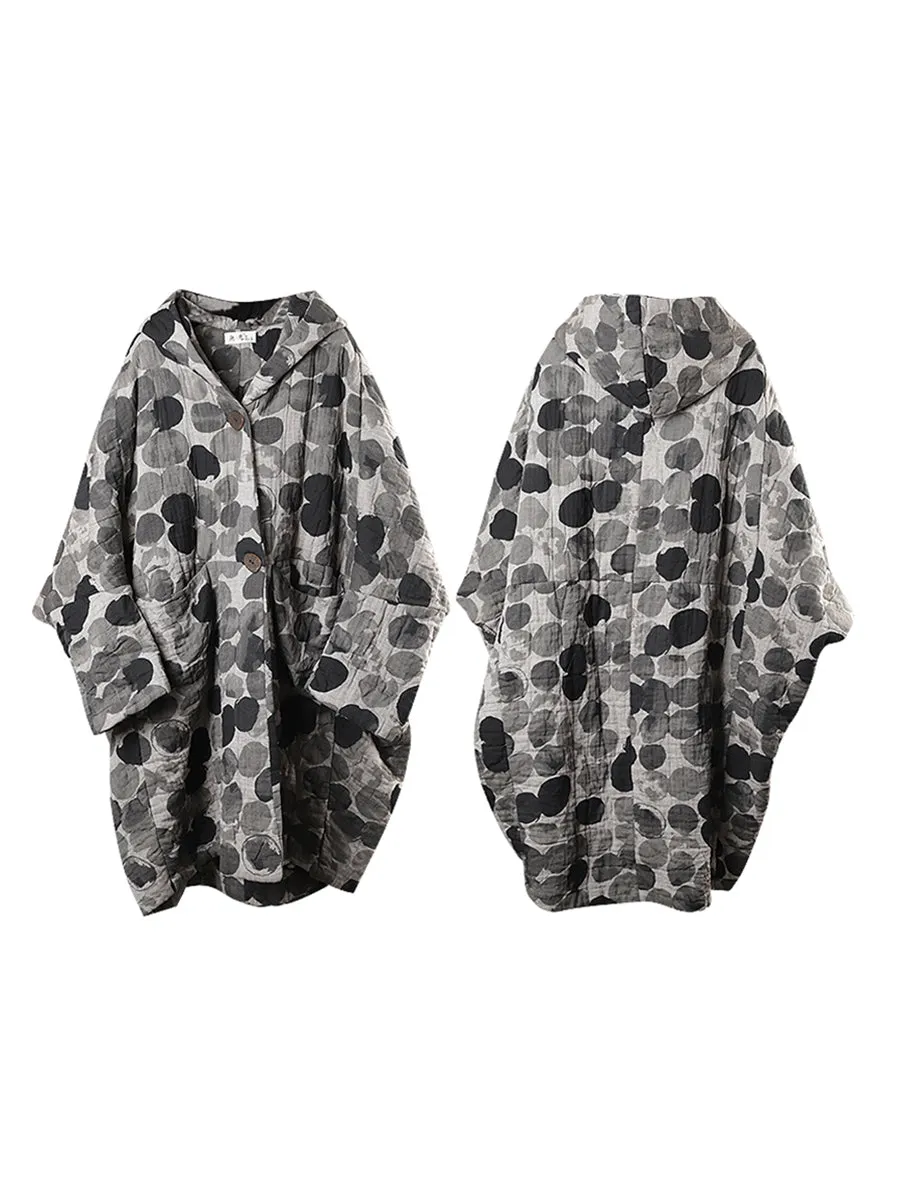 Plus Size Retro Ink Dot Loose Hooded Overcoat