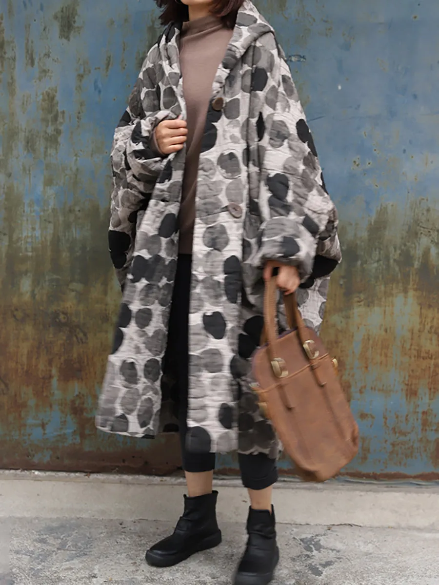 Plus Size Retro Ink Dot Loose Hooded Overcoat