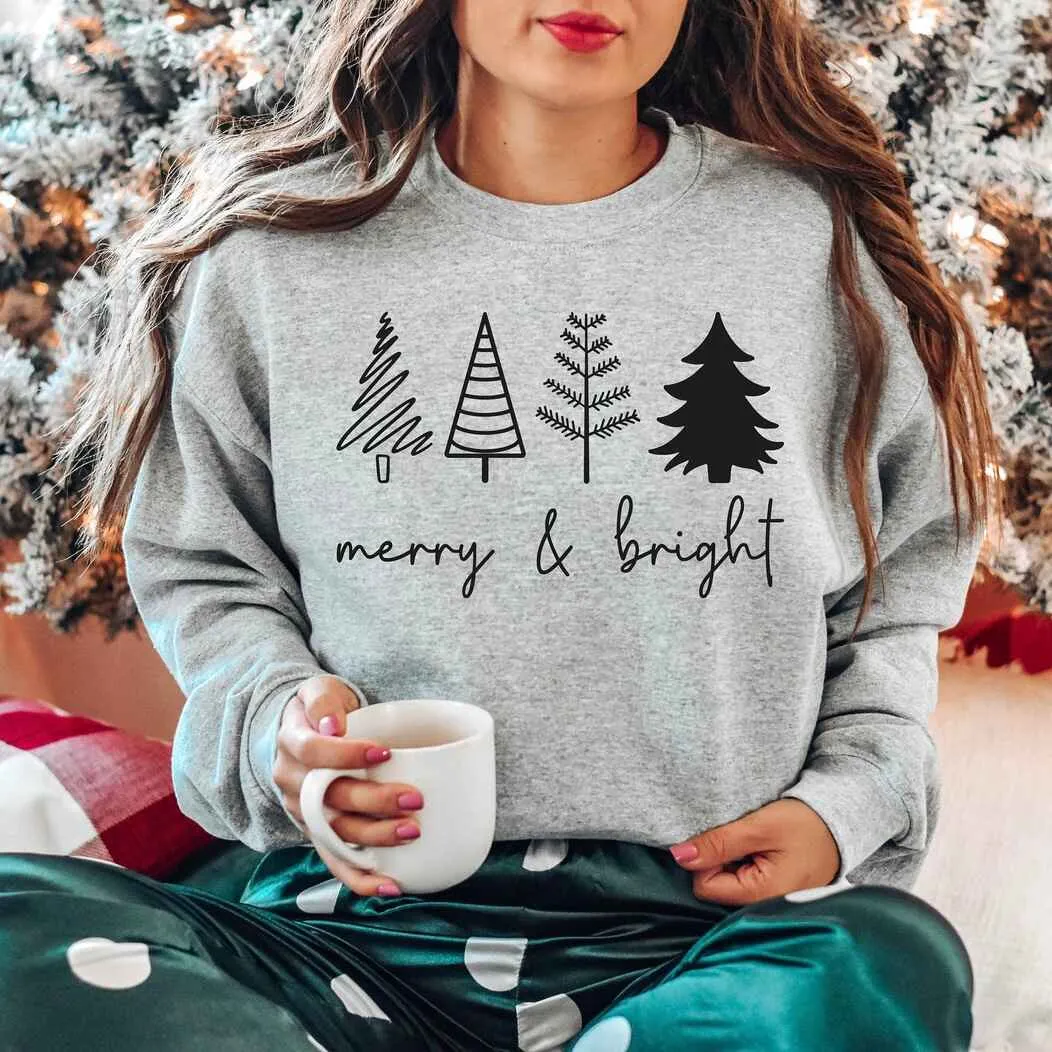 "Merry & Bright" Christmas Tree Sweatshirt – Festive Red Holiday Wear