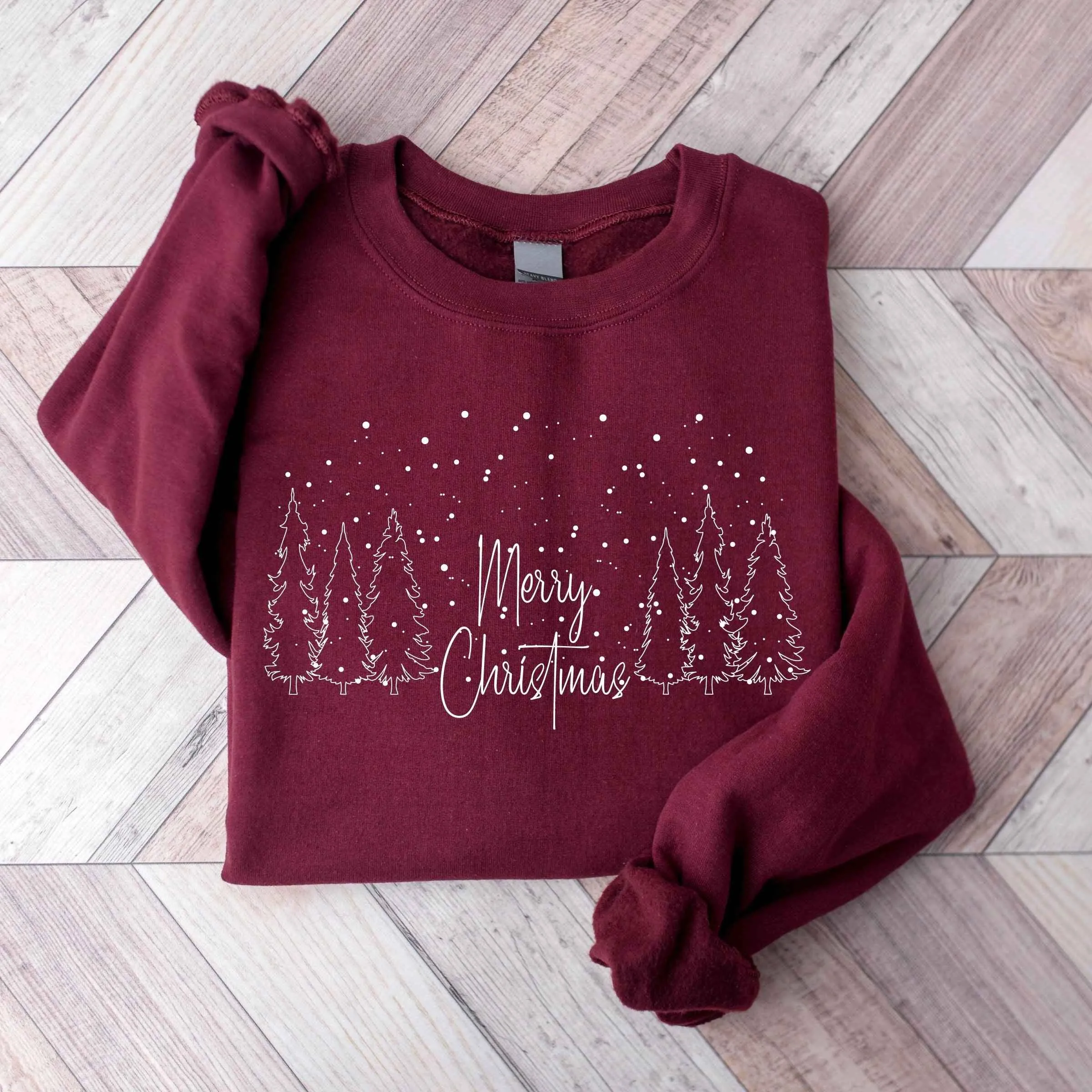 "Merry Christmas" Forest Scene Sweatshirt – Cozy Burgundy Holiday Wear