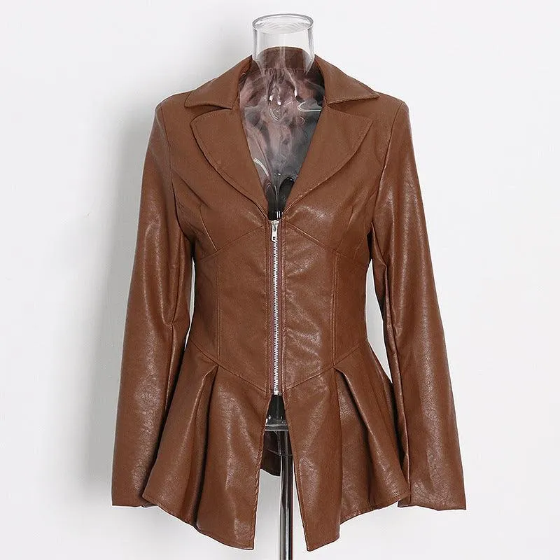 Ruffle trim motorcycle PU leather jacket