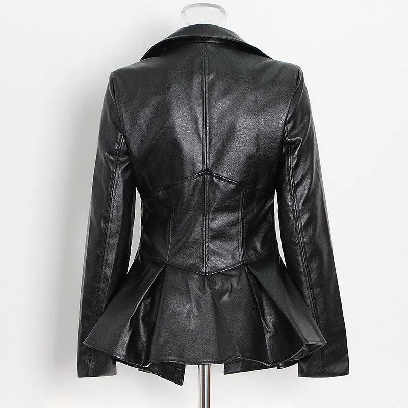 Ruffle trim motorcycle PU leather jacket