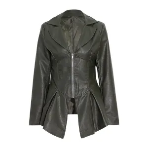 Ruffle trim motorcycle PU leather jacket