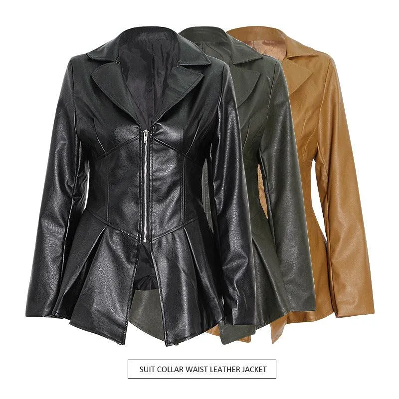 Ruffle trim motorcycle PU leather jacket