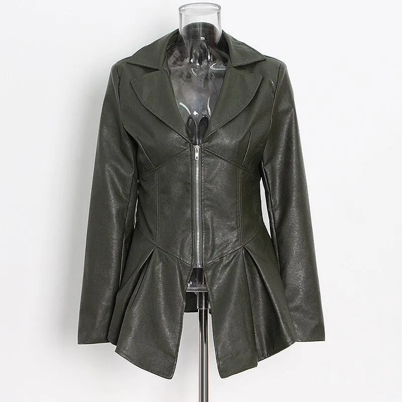 Ruffle trim motorcycle PU leather jacket