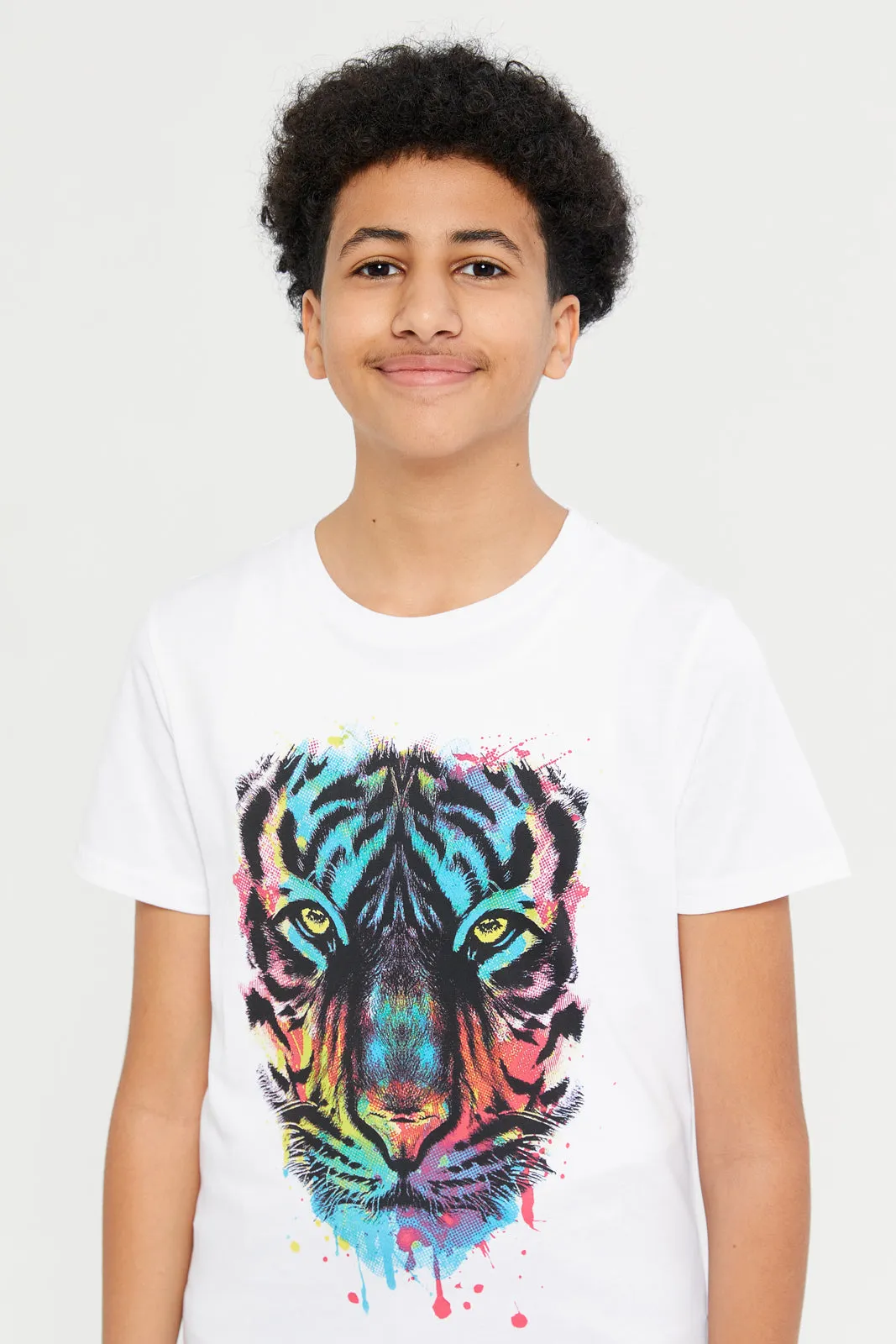 Senior Boys White Tiger Face Graphic T-Shirt