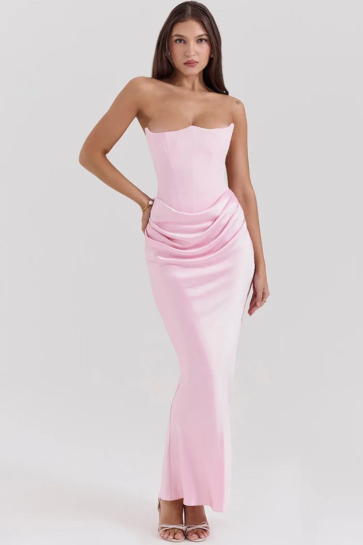 Sexy Sweetheart Strapless Corset Draped Satin Fishtail Evening Maxi Dress