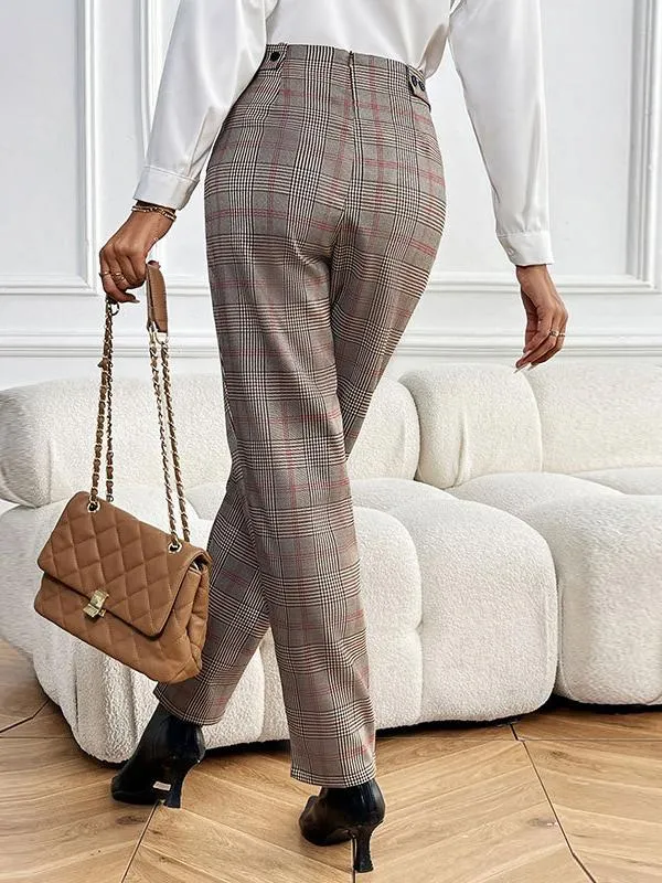 Stylish Commuter Belted Plaid Slim Pants