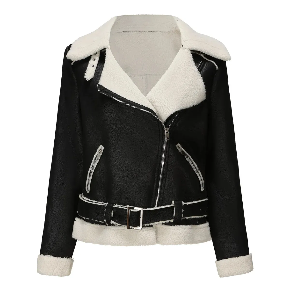 Stylish Warm Ladies Suede One Piece Jacket Leather Women Belted Coat