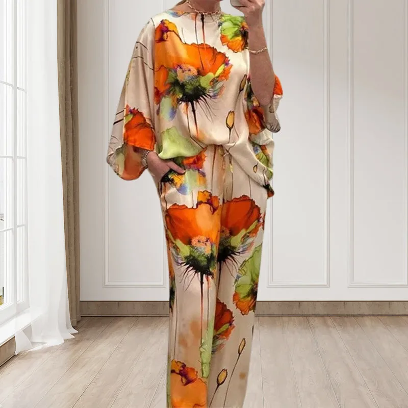 Stylish Watercolor Floral Print Loose 2-Piece Suit