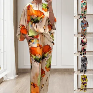 Stylish Watercolor Floral Print Loose 2-Piece Suit