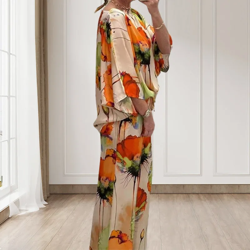 Stylish Watercolor Floral Print Loose 2-Piece Suit