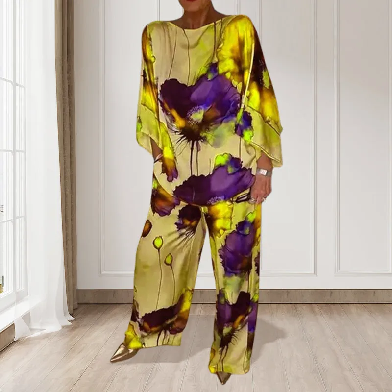 Stylish Watercolor Floral Print Loose 2-Piece Suit