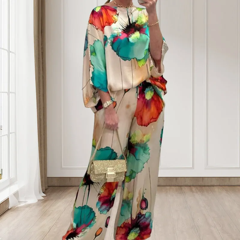 Stylish Watercolor Floral Print Loose 2-Piece Suit