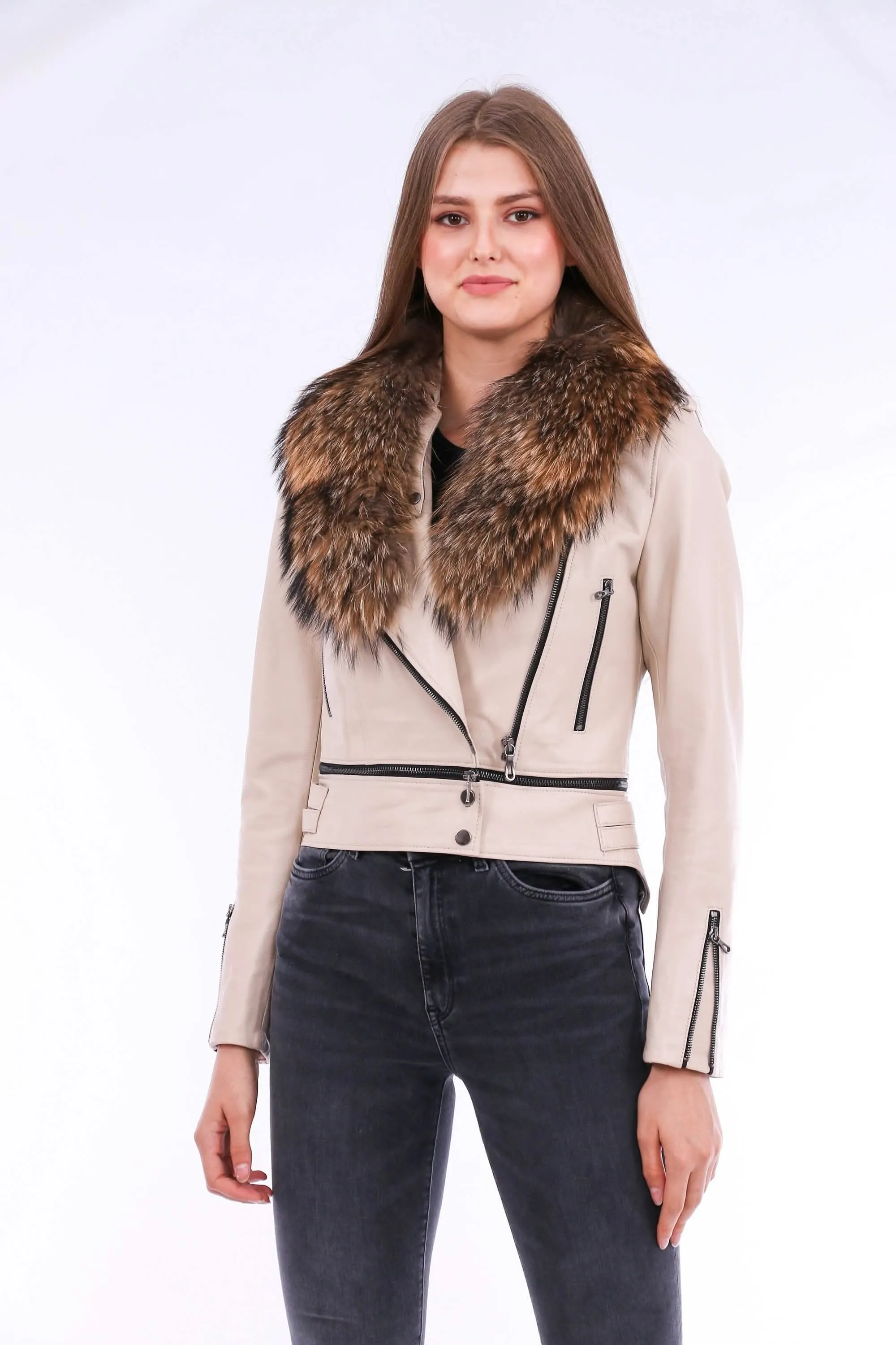 Stylish White Sheepskin Biker Jacket by Buttagi