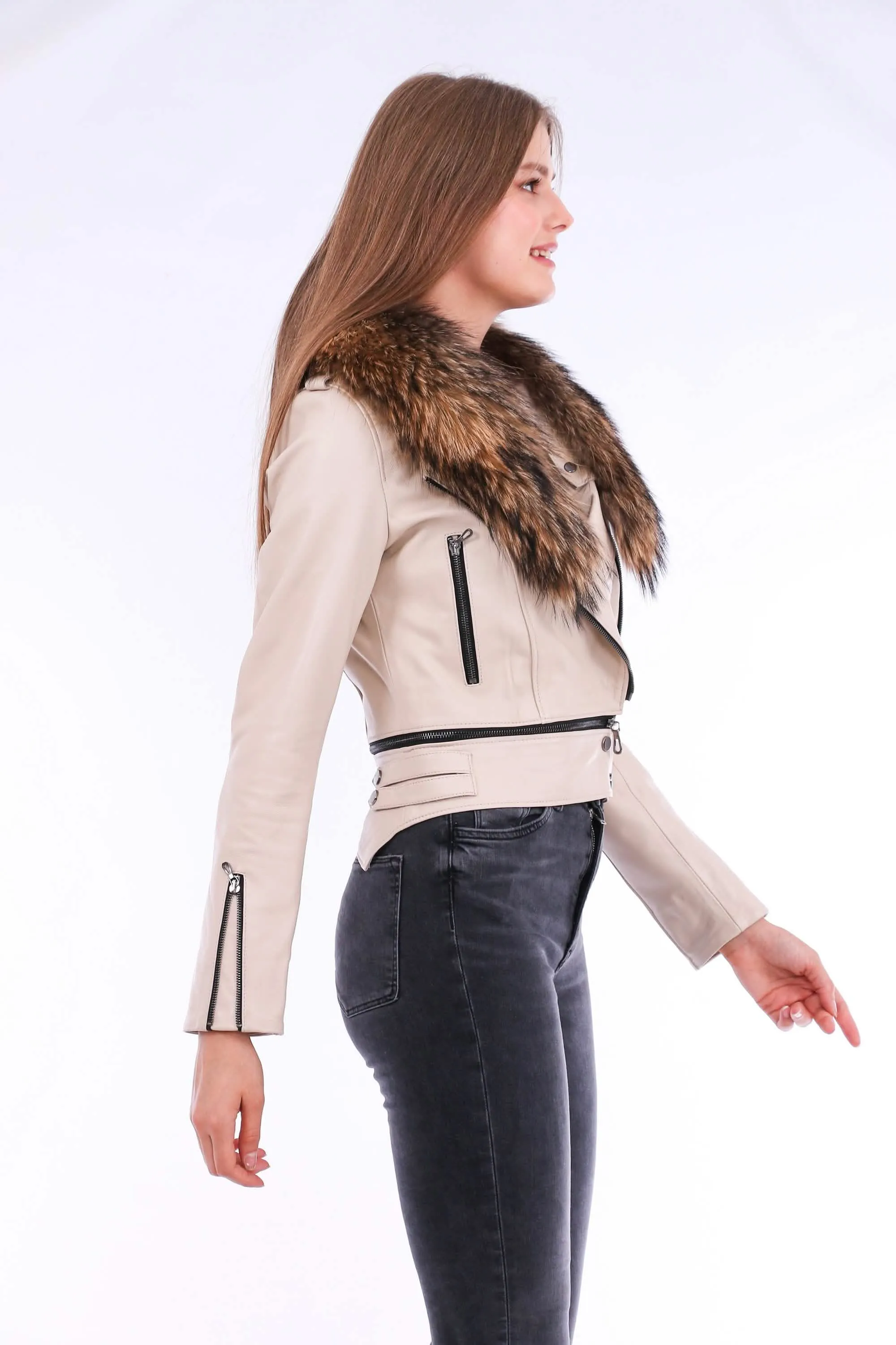 Stylish White Sheepskin Biker Jacket by Buttagi