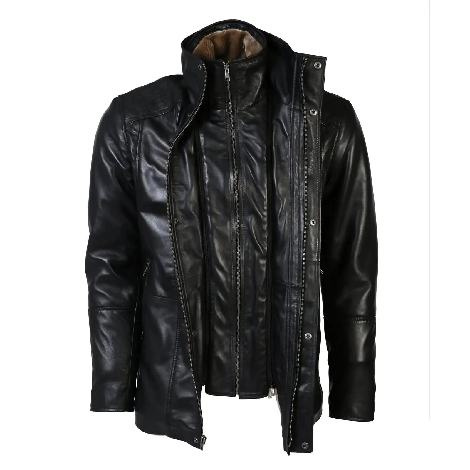 Tiberius Men's Luxurious Lambskin Leather Coat with Removable Faux Fur Lining