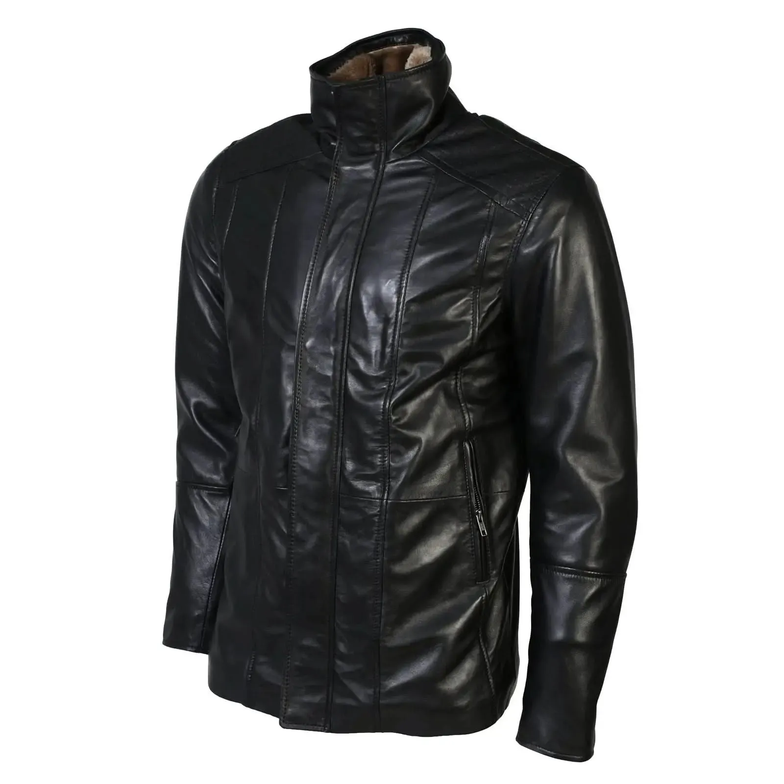 Tiberius Men's Luxurious Lambskin Leather Coat with Removable Faux Fur Lining