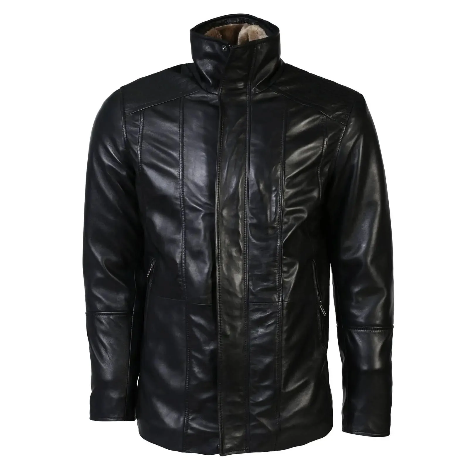 Tiberius Men's Luxurious Lambskin Leather Coat with Removable Faux Fur Lining