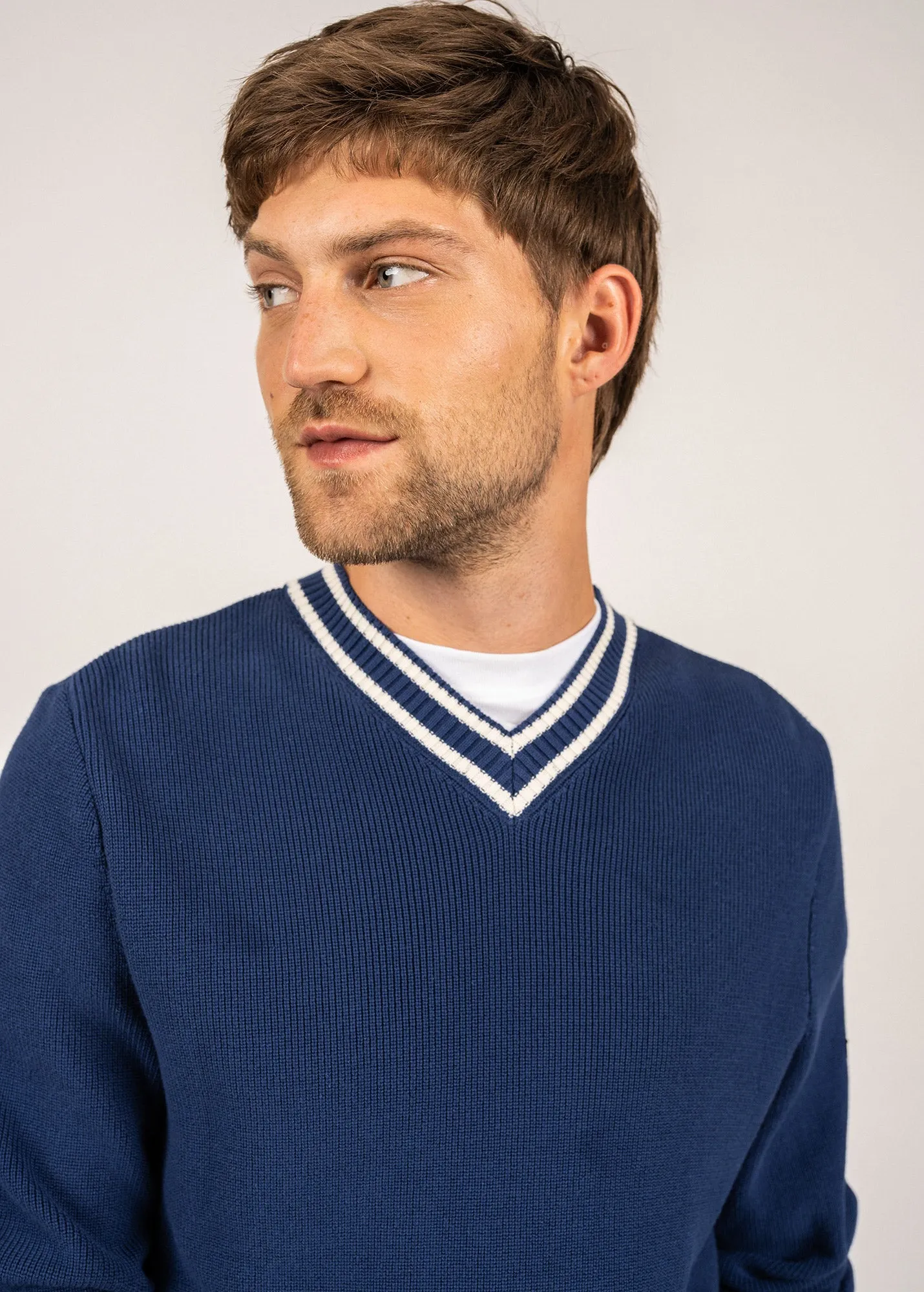 TREGUIER - V-Neck Purl Knit Sweater (INDIGO / IVORY)