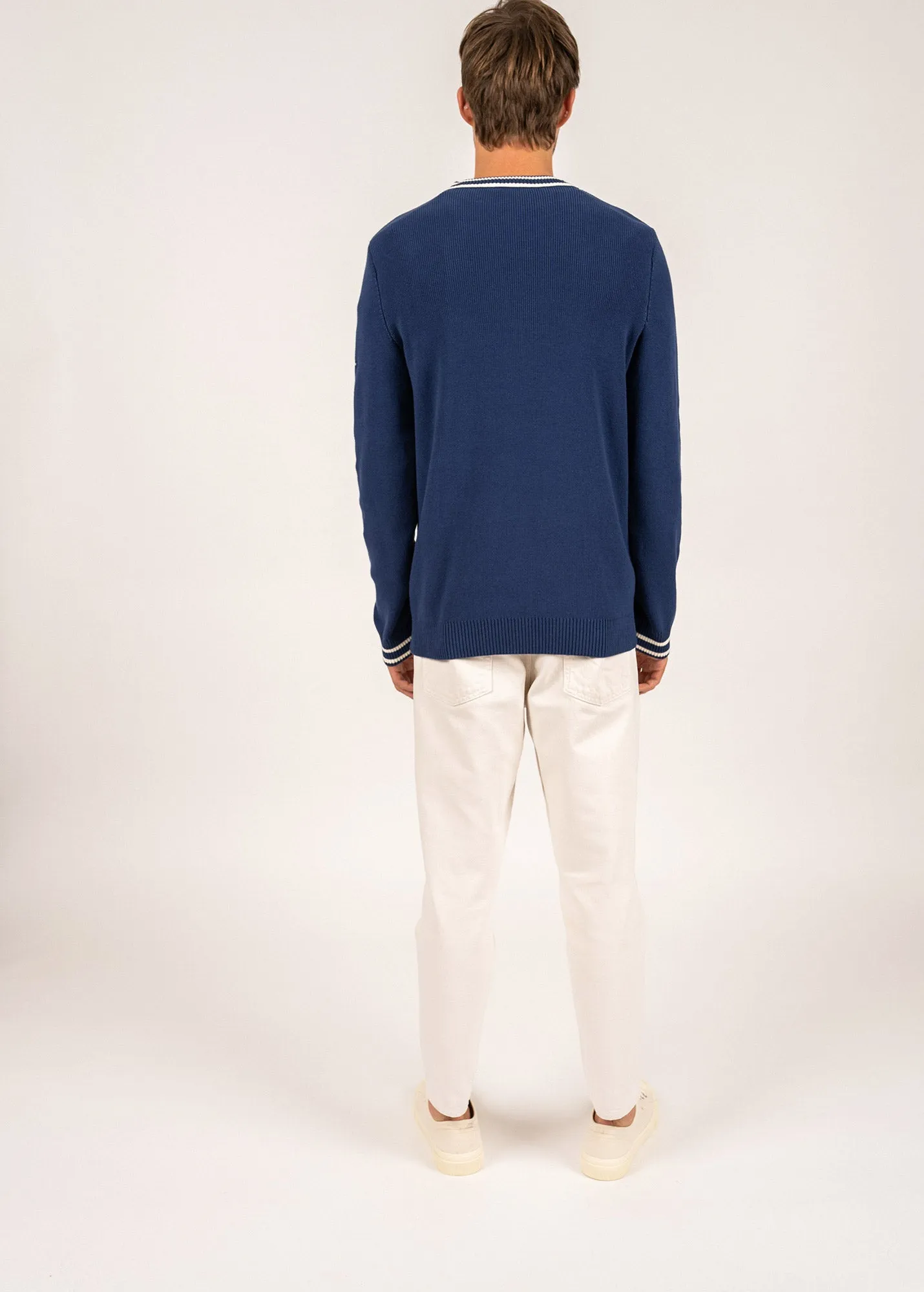 TREGUIER - V-Neck Purl Knit Sweater (INDIGO / IVORY)