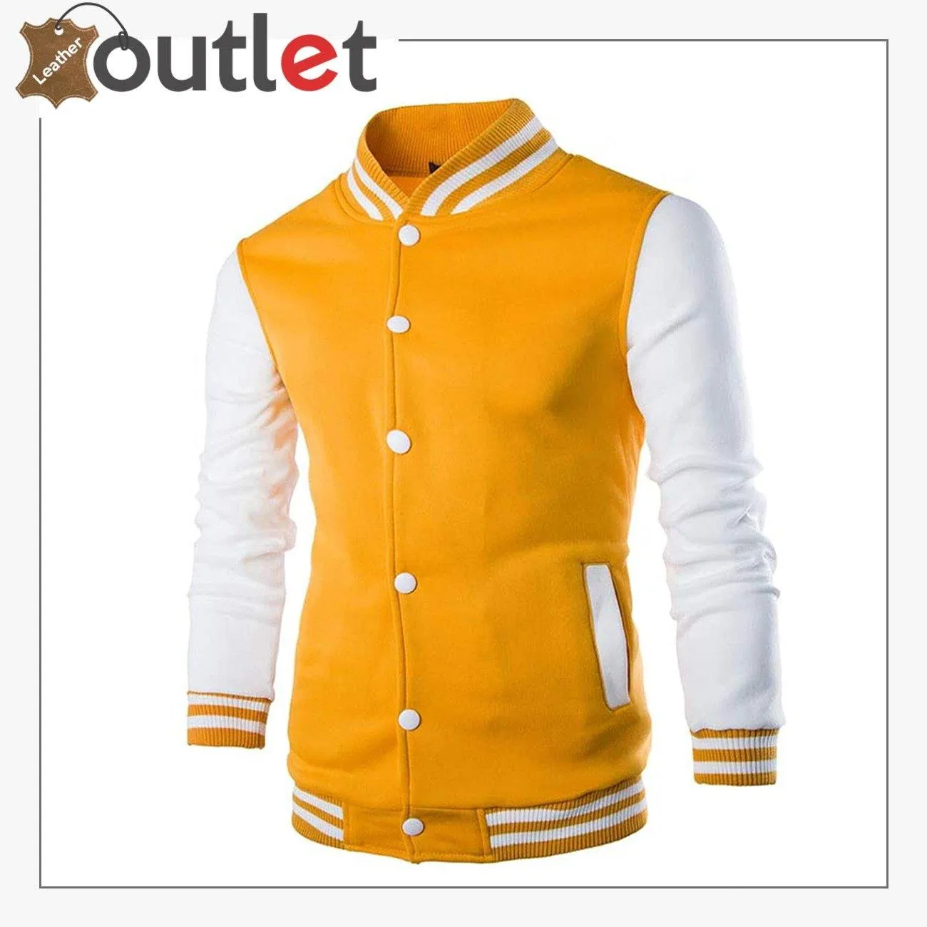 Two Tone Yellow And White Leather Varsity Jacket For Men